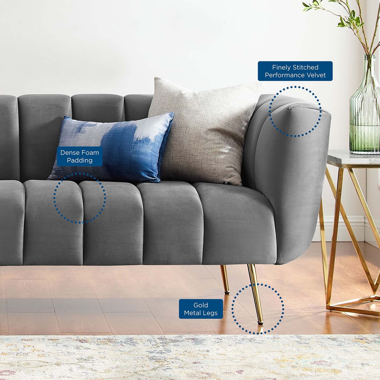 Favour Channel Tufted Performance Velvet Sofa, Velvet, Grey Gray, 19980