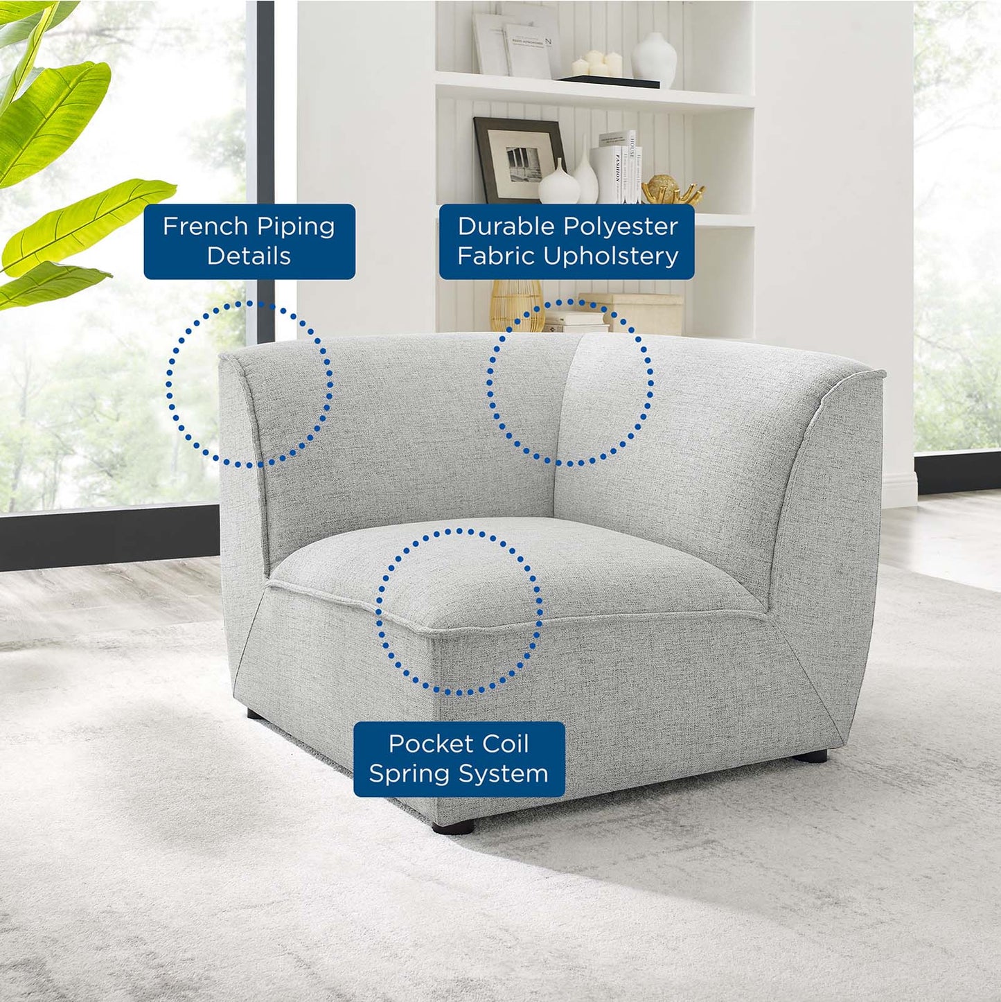 Comprise Corner Sectional Sofa Chair, Fabric, Light Grey Gray, 20008