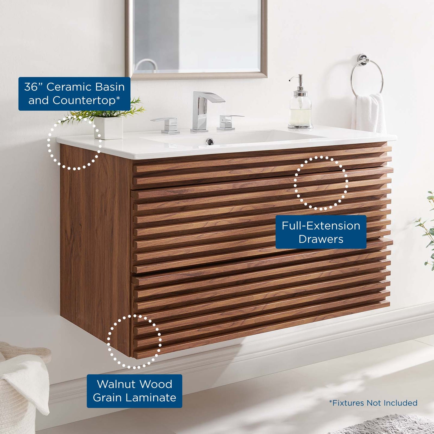 Render 36" Wall-Mount Bathroom Vanity, Wood, Brown Walnut White, 20060
