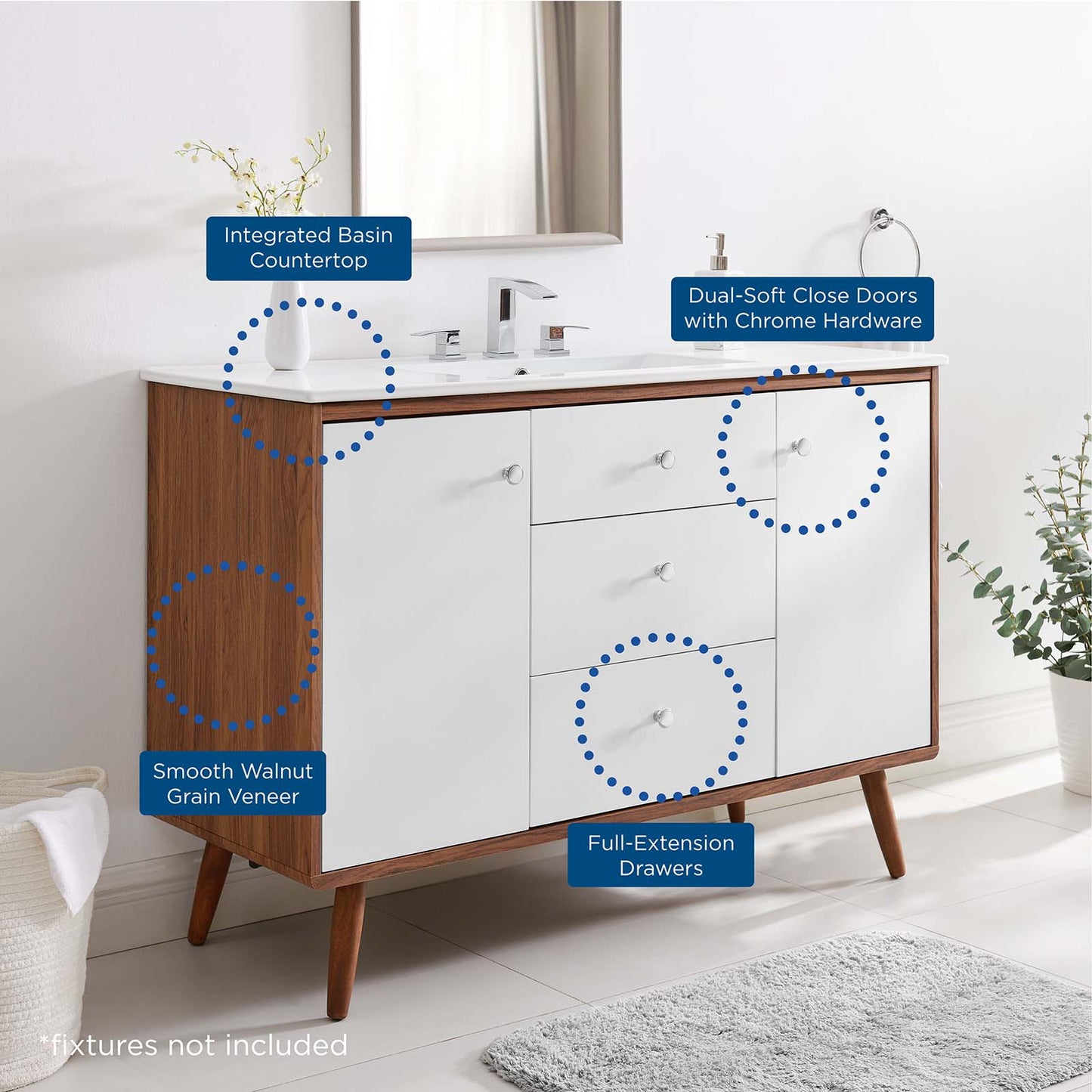 Transmit 48" Single Sink Bathroom Vanity, Wood, Brown Walnut White, 20062