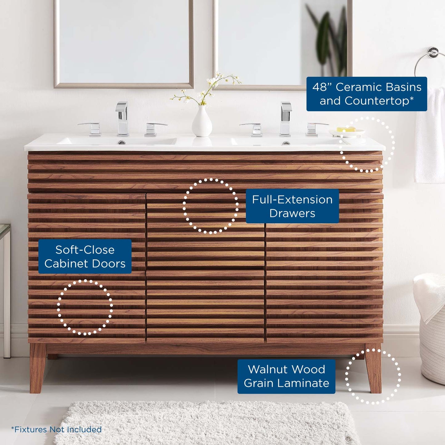 Render 48" Double Sink Bathroom Vanity, Wood, Brown Walnut White, 20065