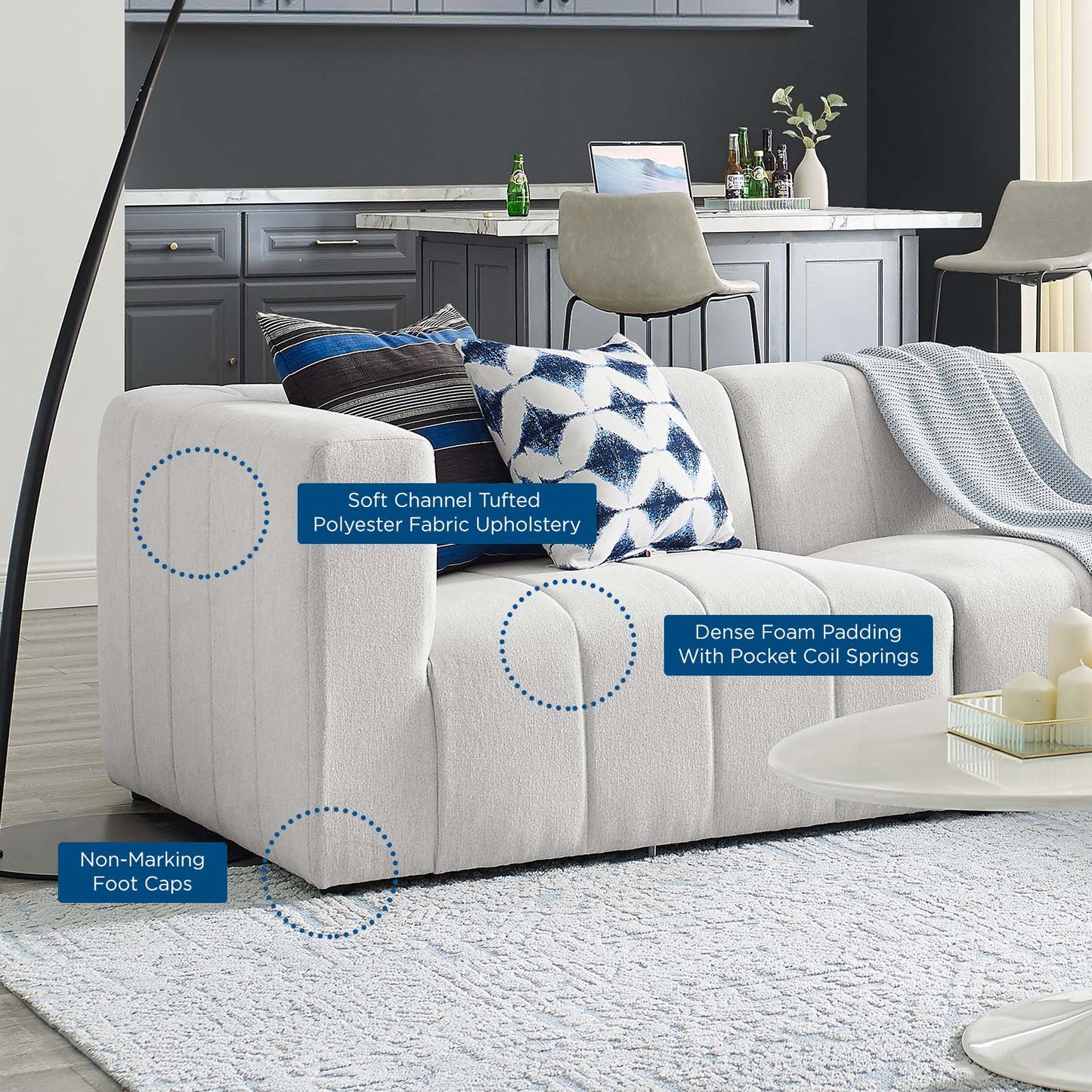 Bartlett Upholstered Fabric Upholstered Fabric 4-Piece Sectional Sofa, Fabric, Ivory White, 20173
