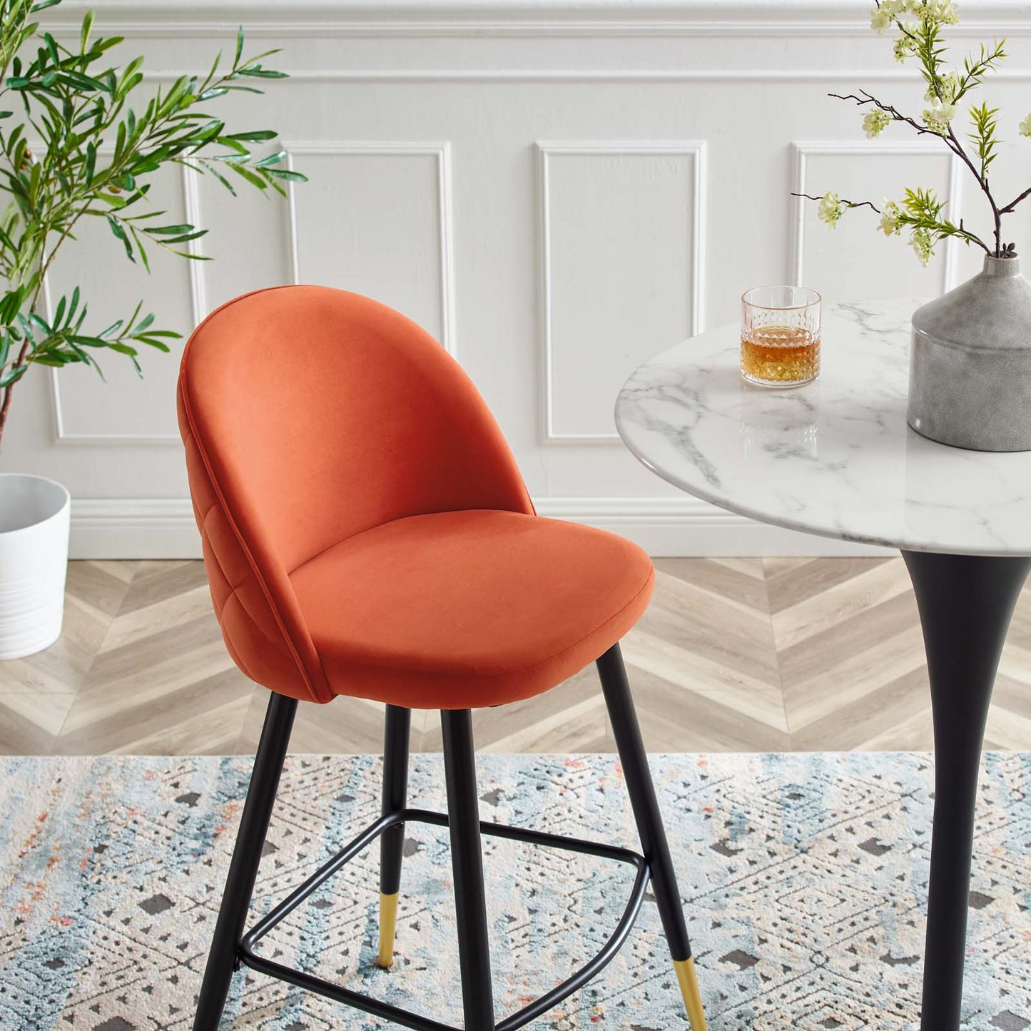 Cordial Performance Velvet Bar Stools - Set of 2, Velvet, Metal Steel, Orange, 20214