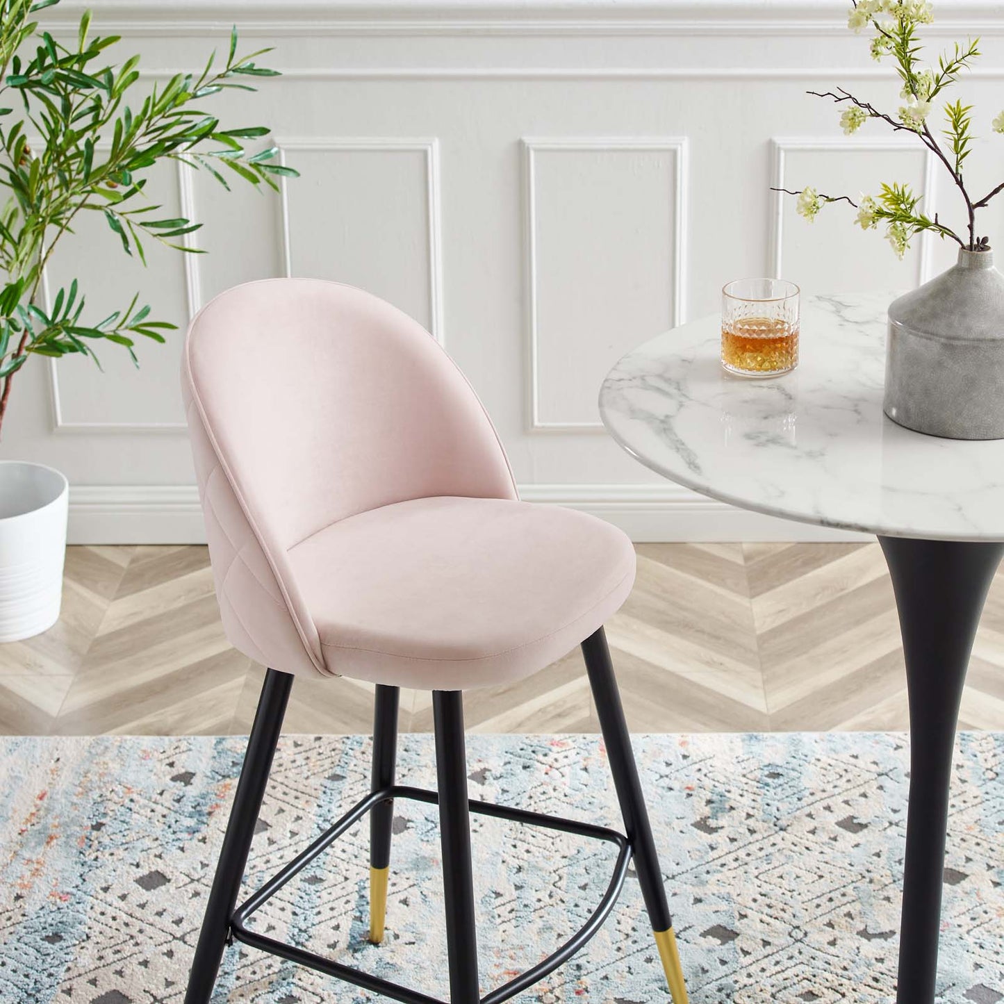 Cordial Performance Velvet Bar Stools - Set of 2, Velvet, Metal Steel, Pink, 20215