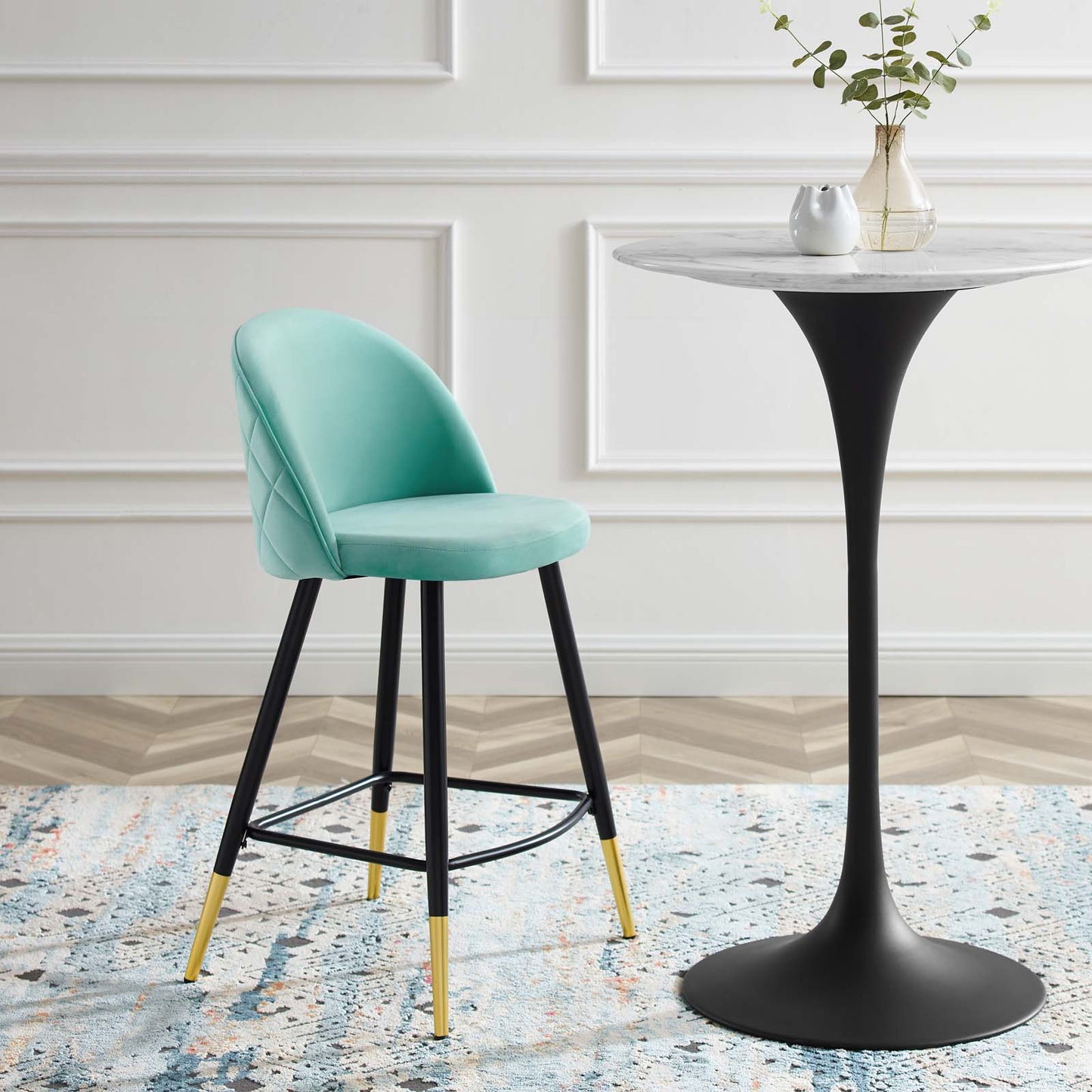 Cordial Performance Velvet Counter Stools - Set of 2, Velvet, Metal Steel, Blue, 20226