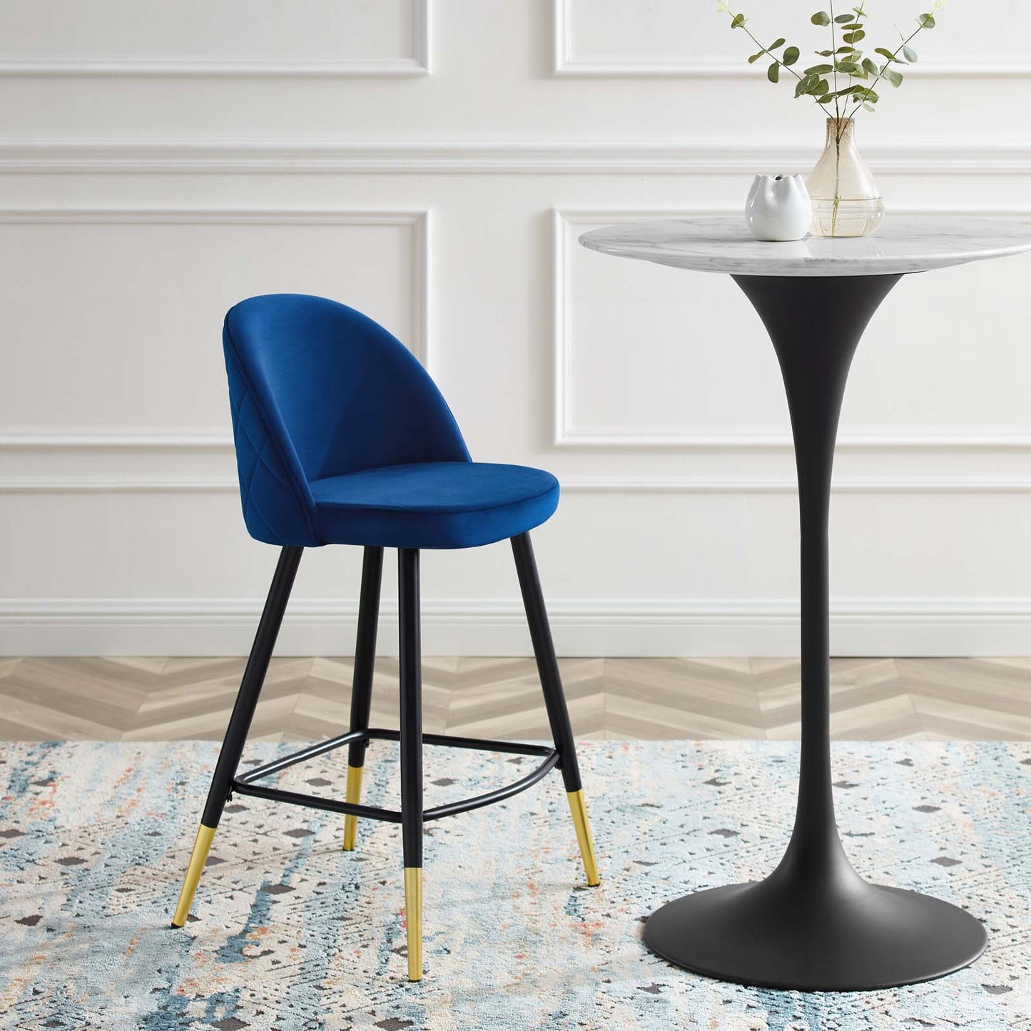 Cordial Performance Velvet Counter Stools - Set of 2, Velvet, Metal Steel, Blue Navy, 20227