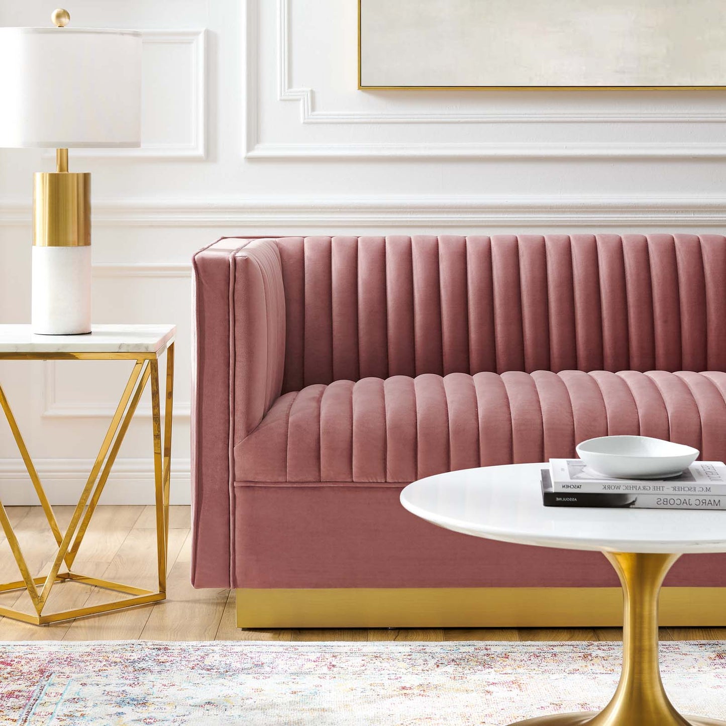 Sanguine Vertical Channel Tufted Performance Velvet Loveseat, Velvet, Pink, 20231