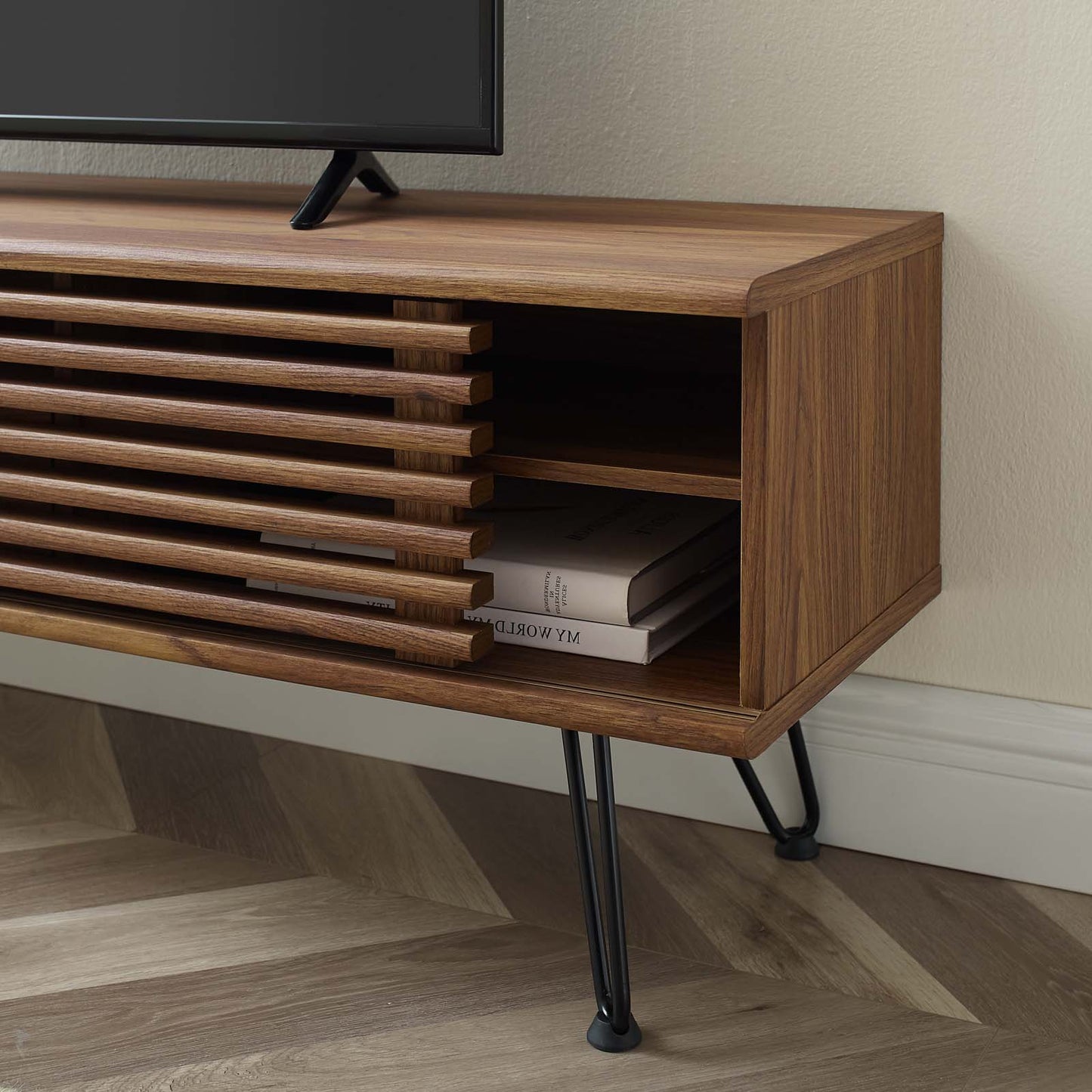 Render 59" Media Console TV Stand, Wood, Metal Steel, Brown Walnut, 20287