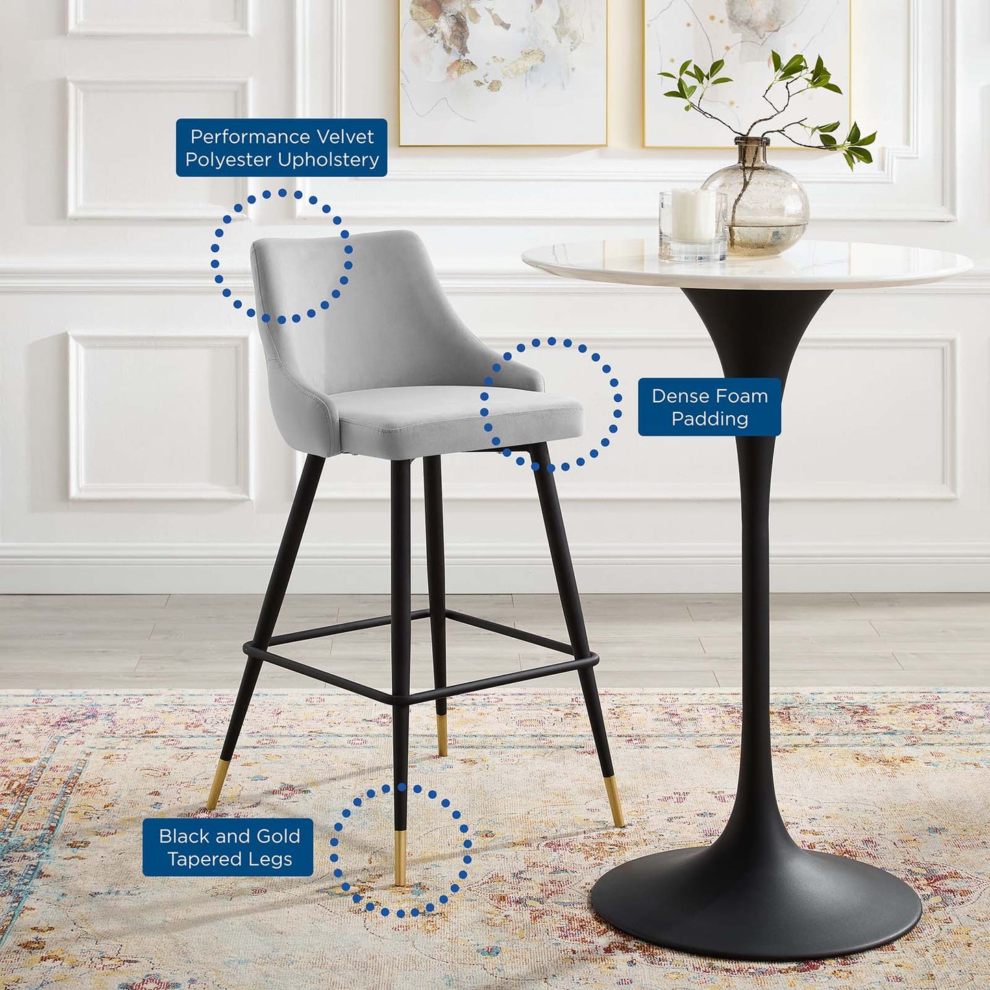 Adorn Performance Velvet Bar Stool Set of 2, Velvet, Light Grey Gray, 20301