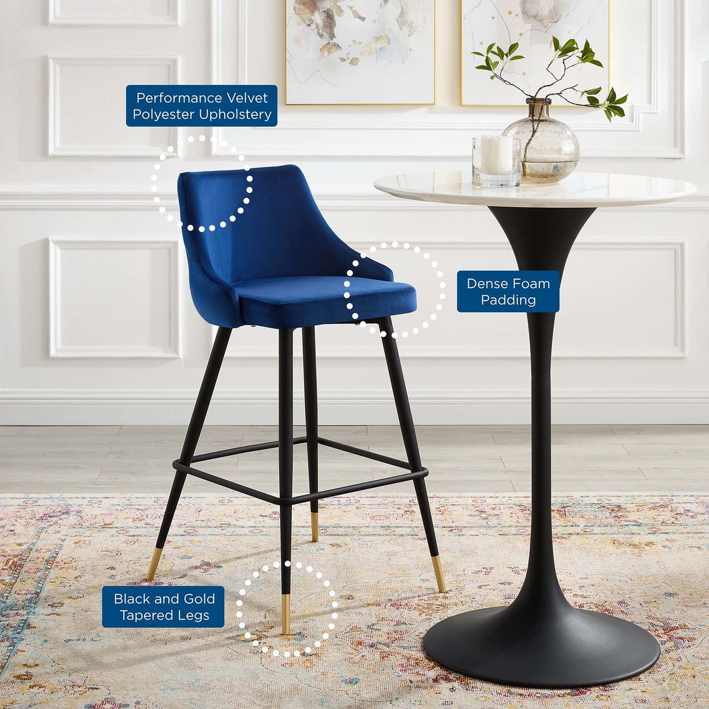 Adorn Performance Velvet Bar Stool Set of 2, Velvet, Blue Navy, 20302