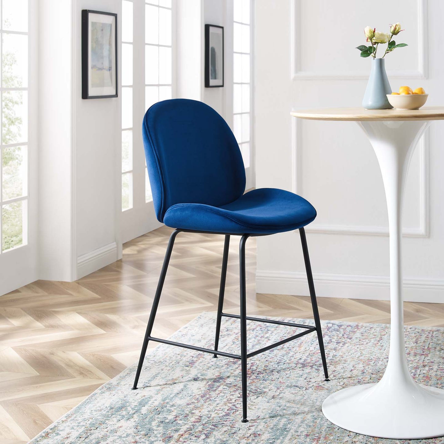 Scoop Black Powder Coated Steel Leg Performance Velvet Counter Stool, Velvet, Metal Steel, Blue Navy, 20374