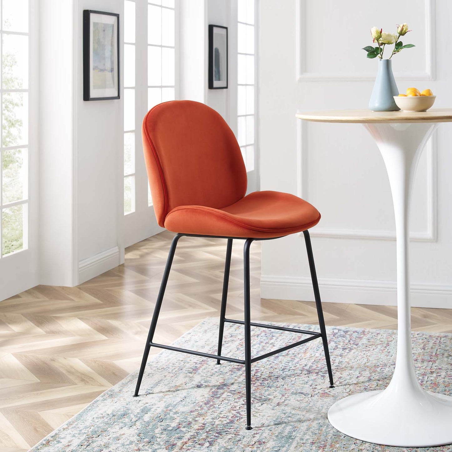 Scoop Black Powder Coated Steel Leg Performance Velvet Counter Stool, Velvet, Metal Steel, Orange, 20375