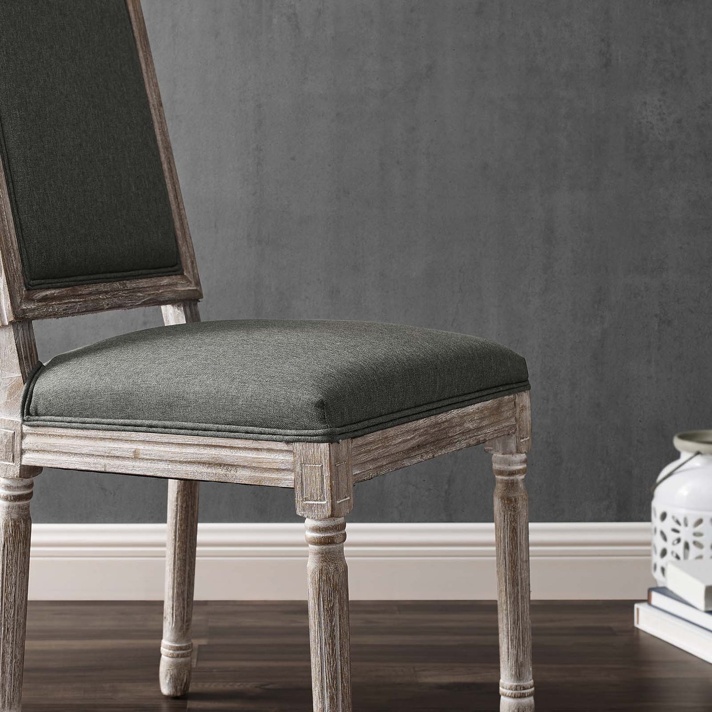 Court French Vintage Upholstered Fabric Dining Side Chair, Fabric, Wood, Brown Natural Grey Gray, 23160