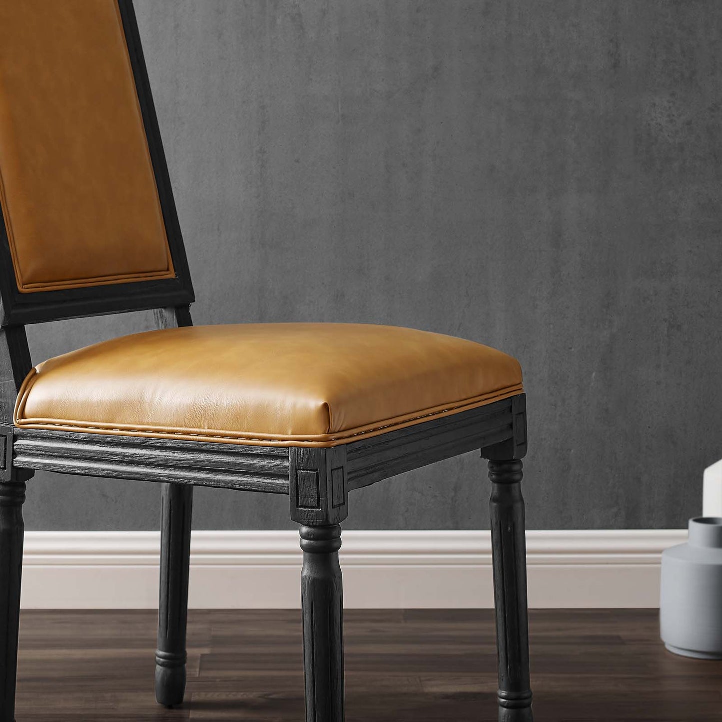Court French Vintage Vegan Leather Dining Side Chair, Faux Vegan Leather, Wood, Black Tan, 23262