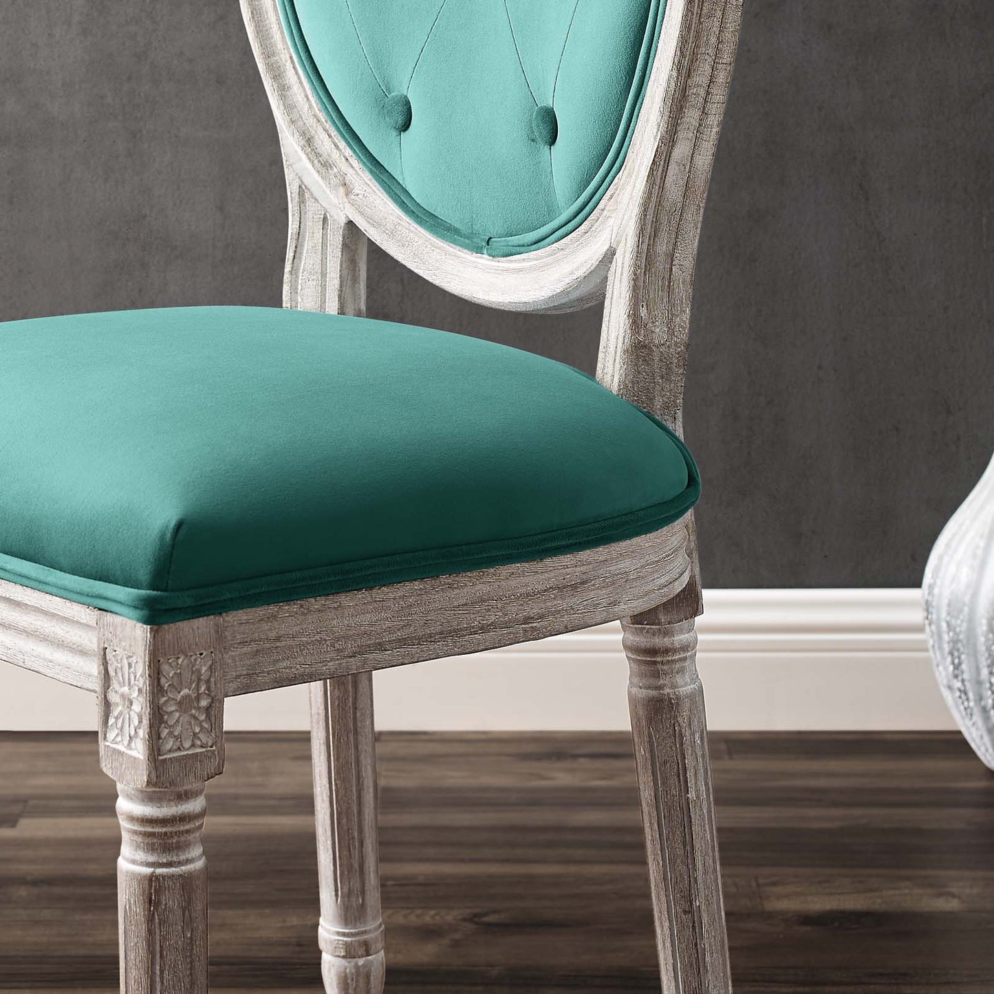 Arise Vintage French Performance Velvet Dining Side Chair, Velvet, Wood, Brown Natural Blue, 23279