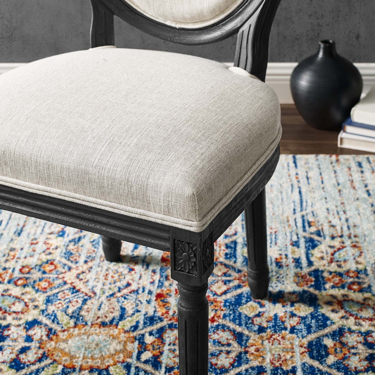 Emanate Vintage French Upholstered Fabric Dining Side Chair, Fabric, Wood, Black Beige, 23281