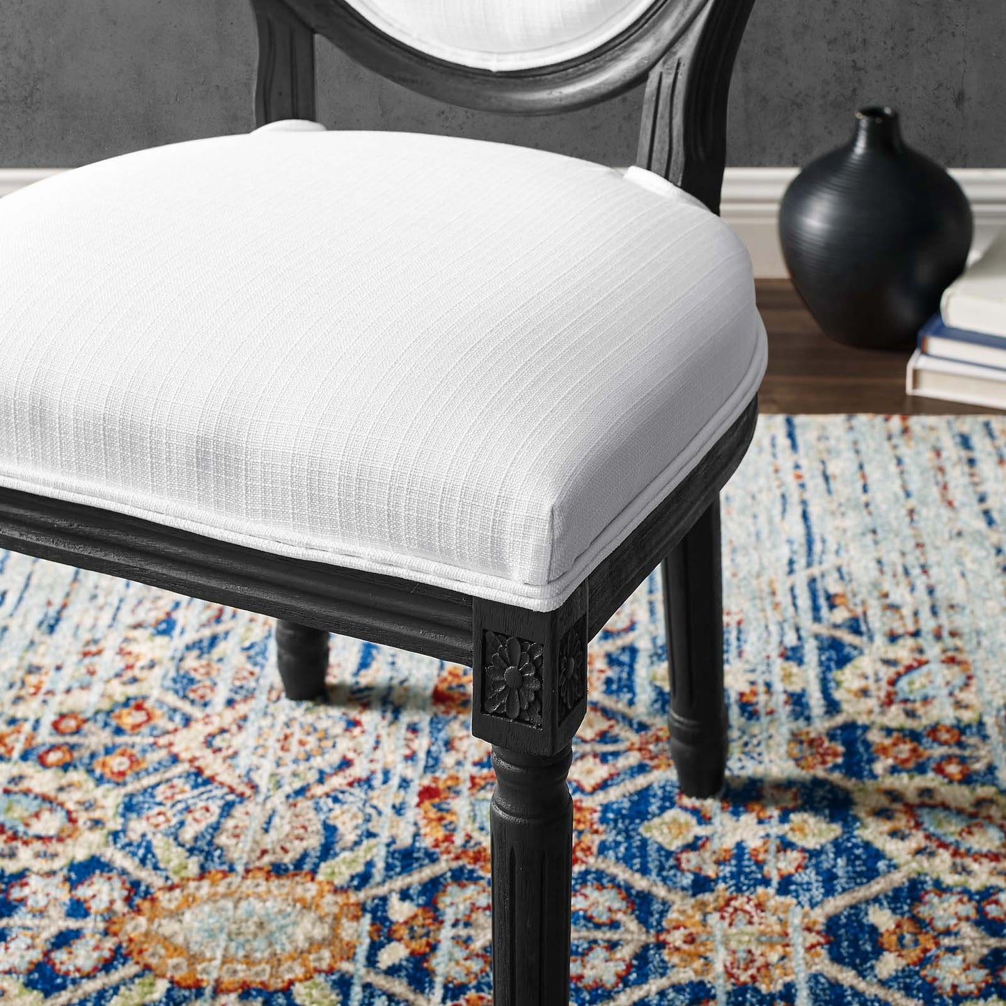 Emanate Vintage French Upholstered Fabric Dining Side Chair, Fabric, Wood, Black White, 23283
