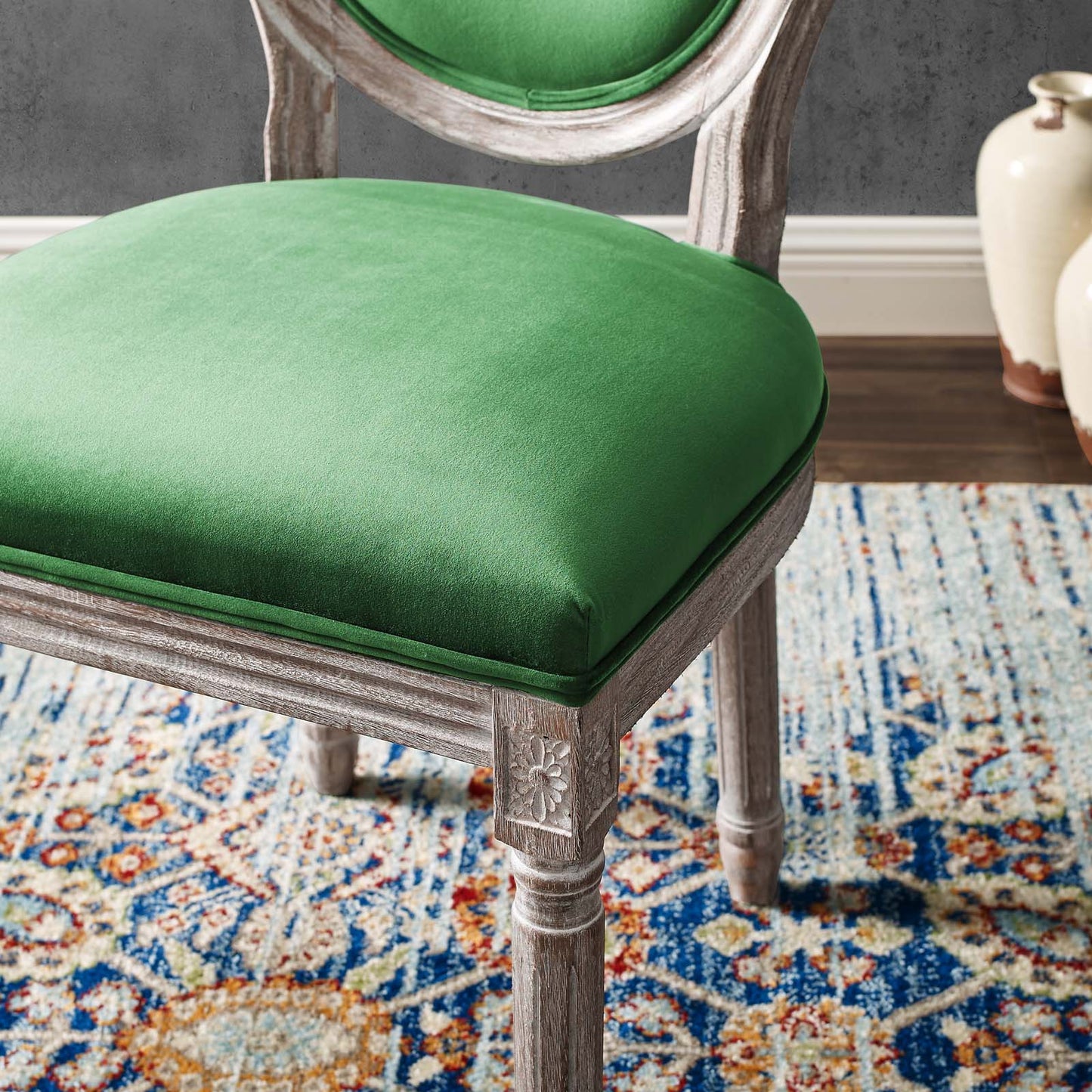 Emanate Vintage French Performance Velvet Dining Side Chair, Velvet, Wood, Brown Natural Green, 23286