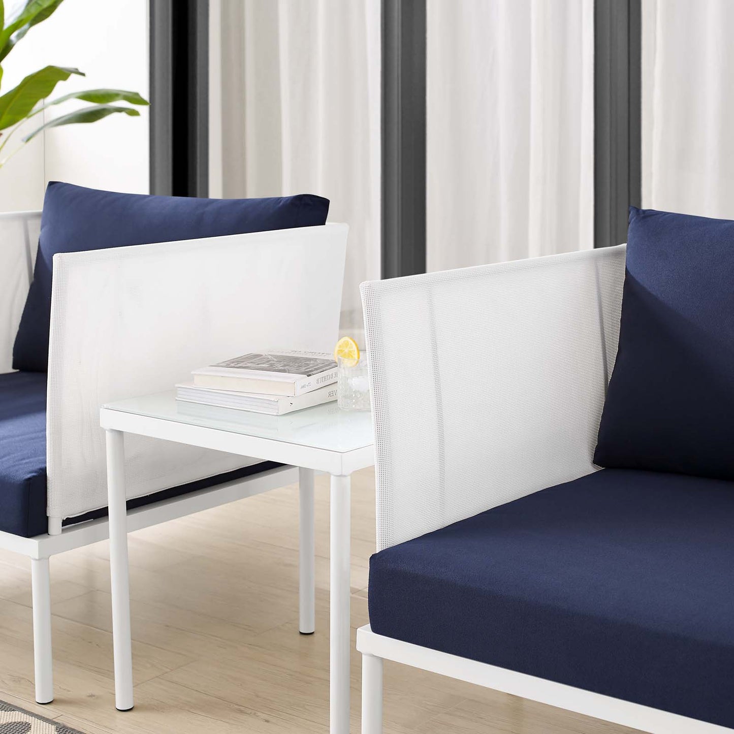 Harmony 3-Piece Sunbrella® Outdoor Patio Aluminum Seating Set, Aluminum, Metal, Steel, White Blue Navy, 20422