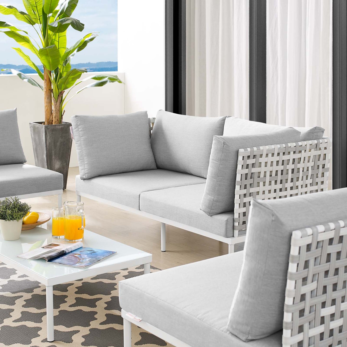 Harmony 4-Piece Sunbrella® Basket Weave Outdoor Patio Aluminum Seating Set, Aluminum, Metal, Steel, Grey Gray, 20425