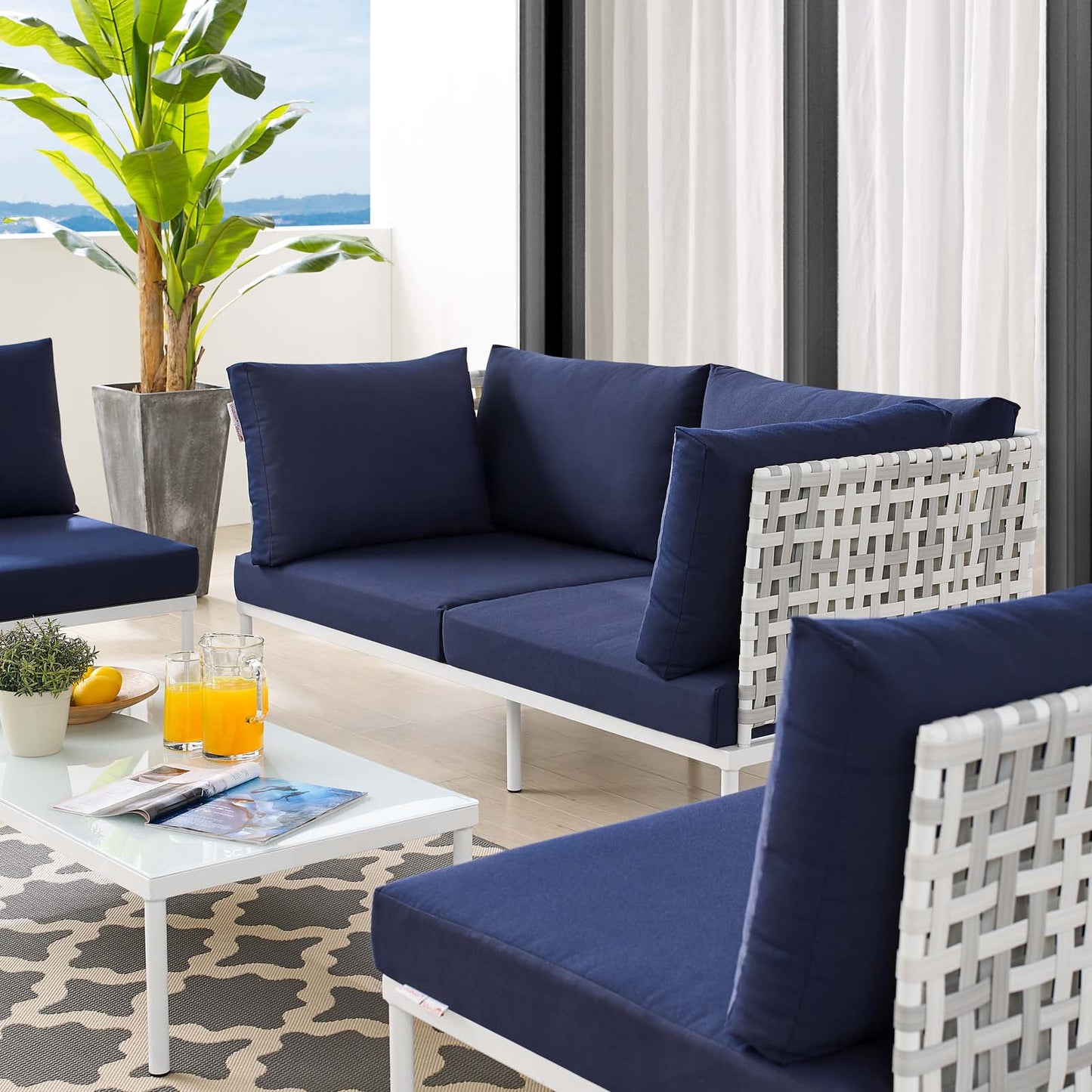 Harmony 4-Piece Sunbrella® Basket Weave Outdoor Patio Aluminum Seating Set, Aluminum, Metal, Steel, Blue Navy, 20426