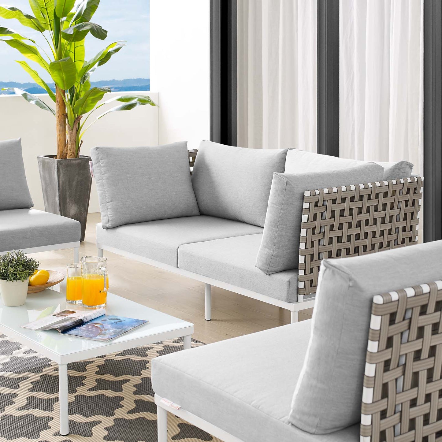 Harmony 4-Piece Sunbrella® Basket Weave Outdoor Patio Aluminum Seating Set, Aluminum, Metal, Steel, Grey Gray, 20427