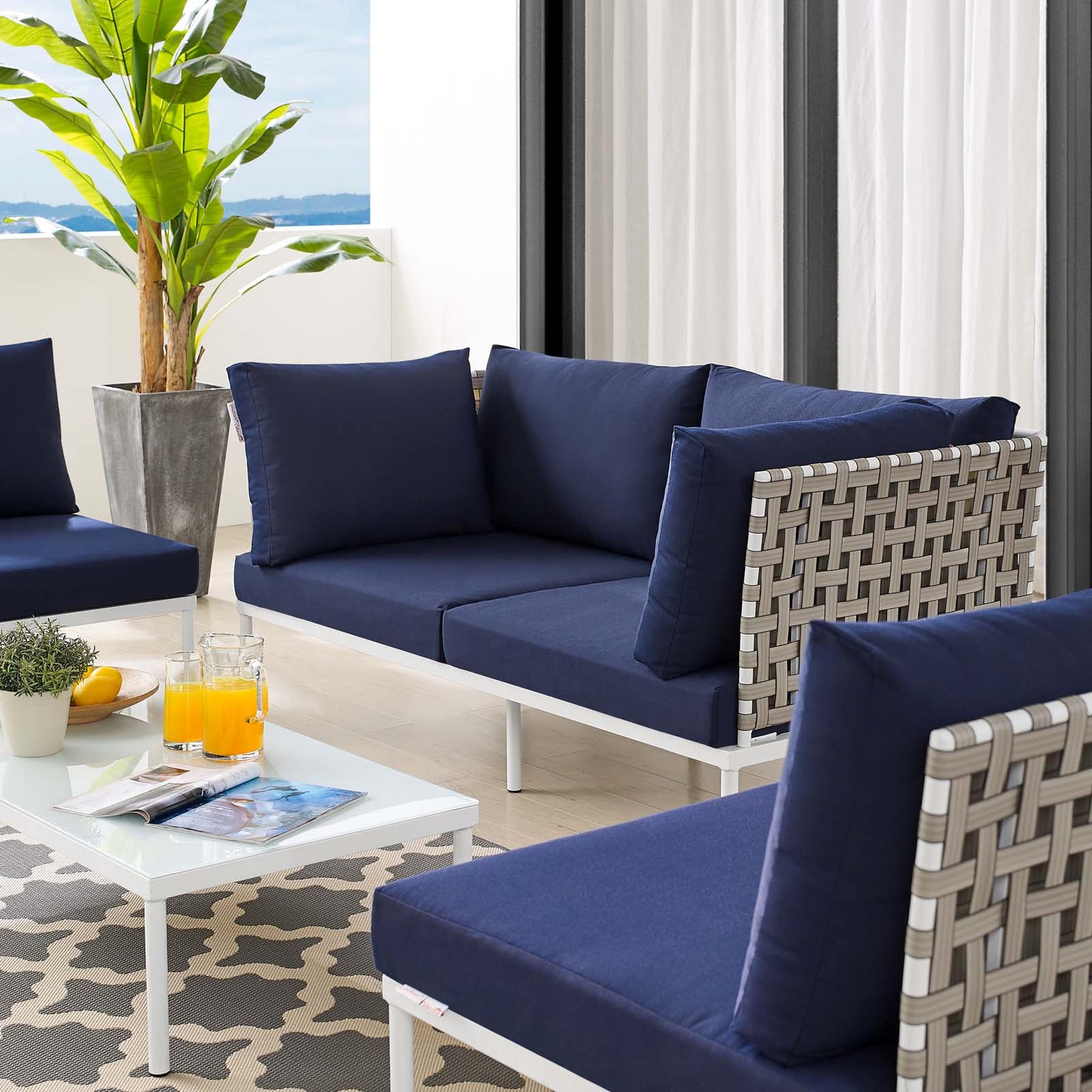 Harmony 4-Piece Sunbrella® Basket Weave Outdoor Patio Aluminum Seating Set, Aluminum, Metal, Steel, Blue Navy, 20428