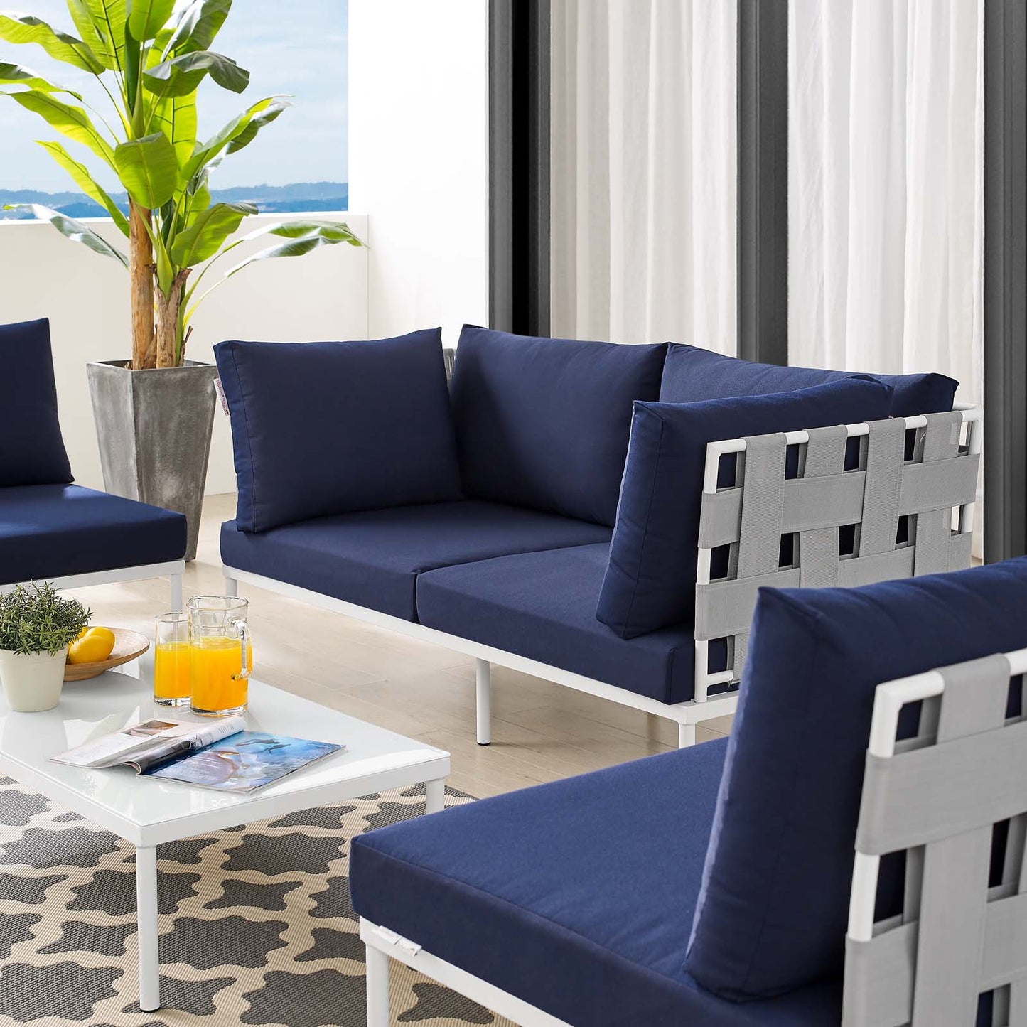 Harmony 4-Piece Sunbrella® Outdoor Patio Aluminum Seating Set, Aluminum, Metal, Steel, Grey Gray Blue Navy, 20432