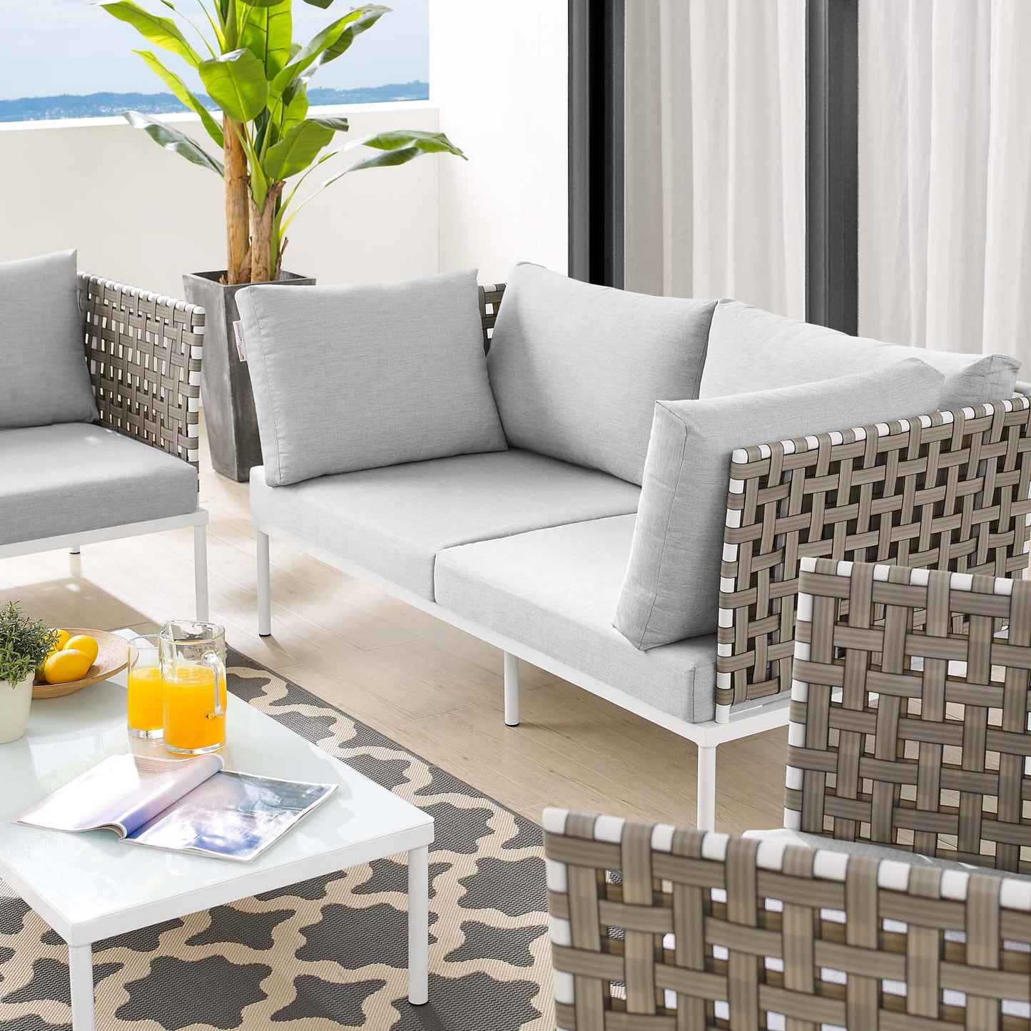 Harmony 5-Piece Sunbrella® Basket Weave Outdoor Patio Aluminum Seating Set, Aluminum, Metal, Steel, Grey Gray, 20435