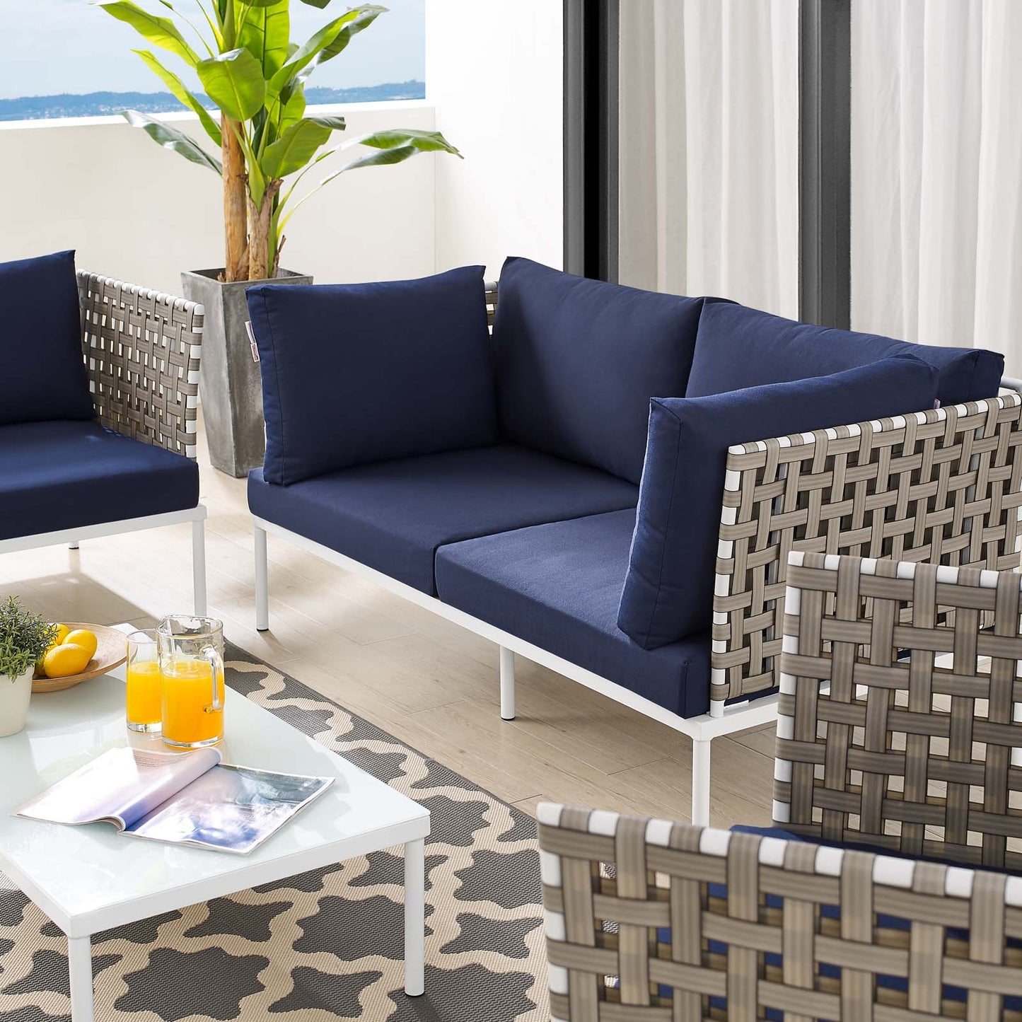 Harmony 5-Piece Sunbrella® Basket Weave Outdoor Patio Aluminum Seating Set, Aluminum, Metal, Steel, Blue Navy, 20436