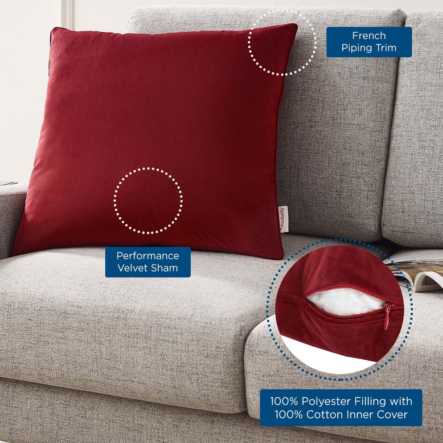 Enhance 20" Performance Velvet Throw Pillow, Velvet, Red, 20460