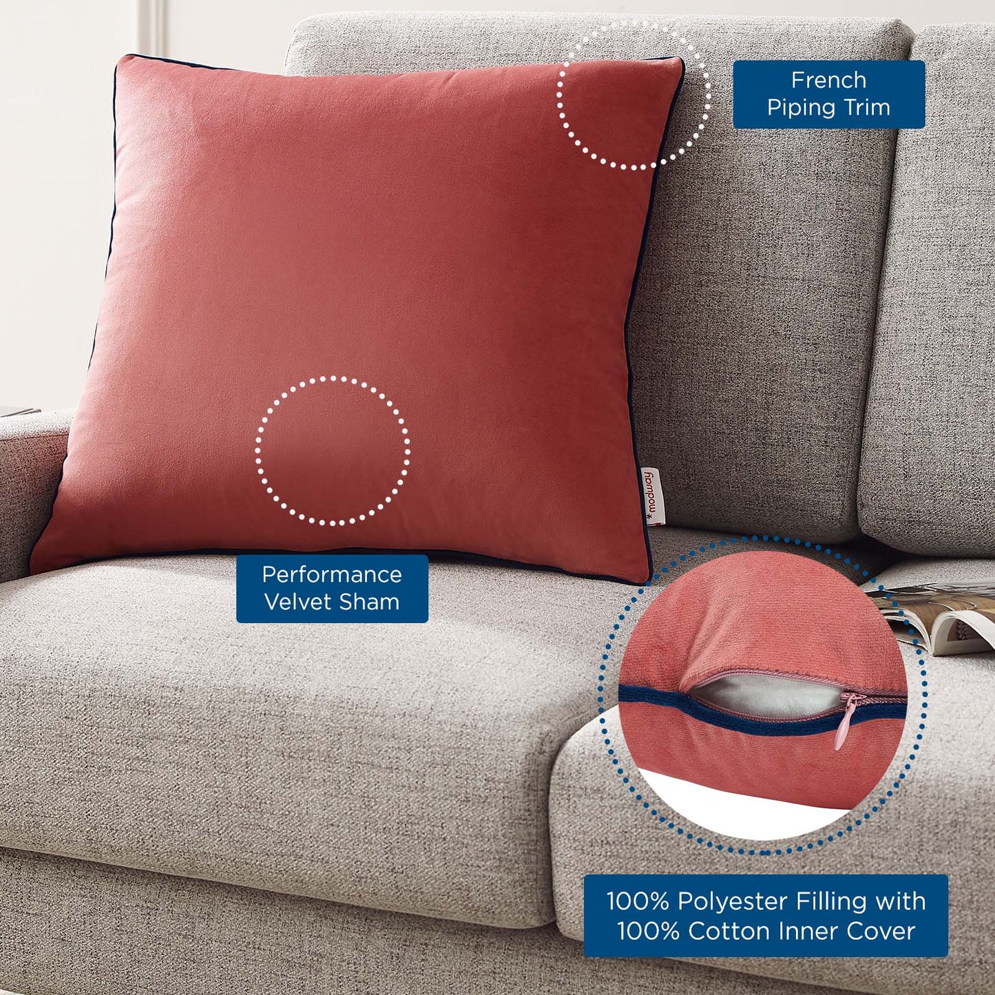 Accentuate 20" Performance Velvet Throw Pillow, Velvet, Red, 20462