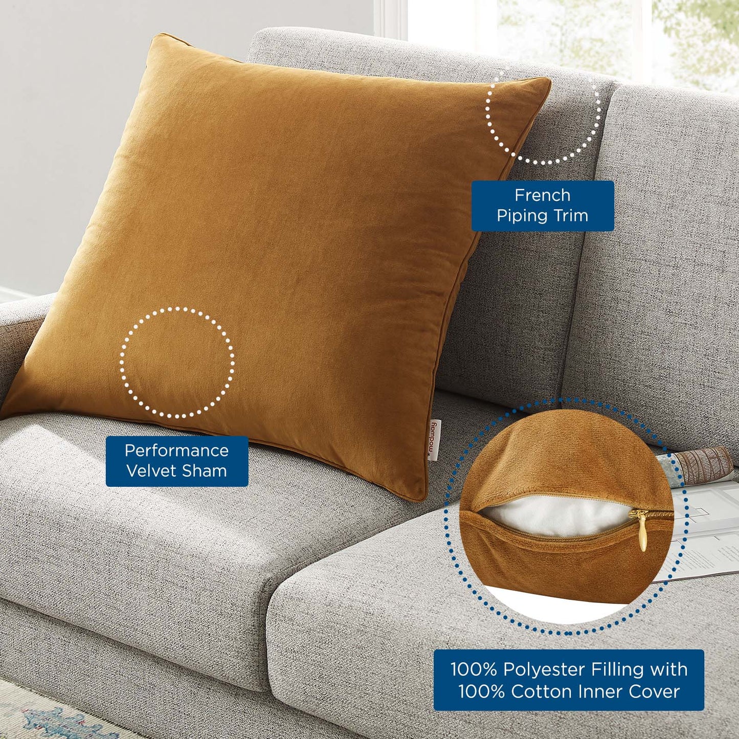 Enhance 24" Performance Velvet Throw Pillow, Velvet, Brown, 20467