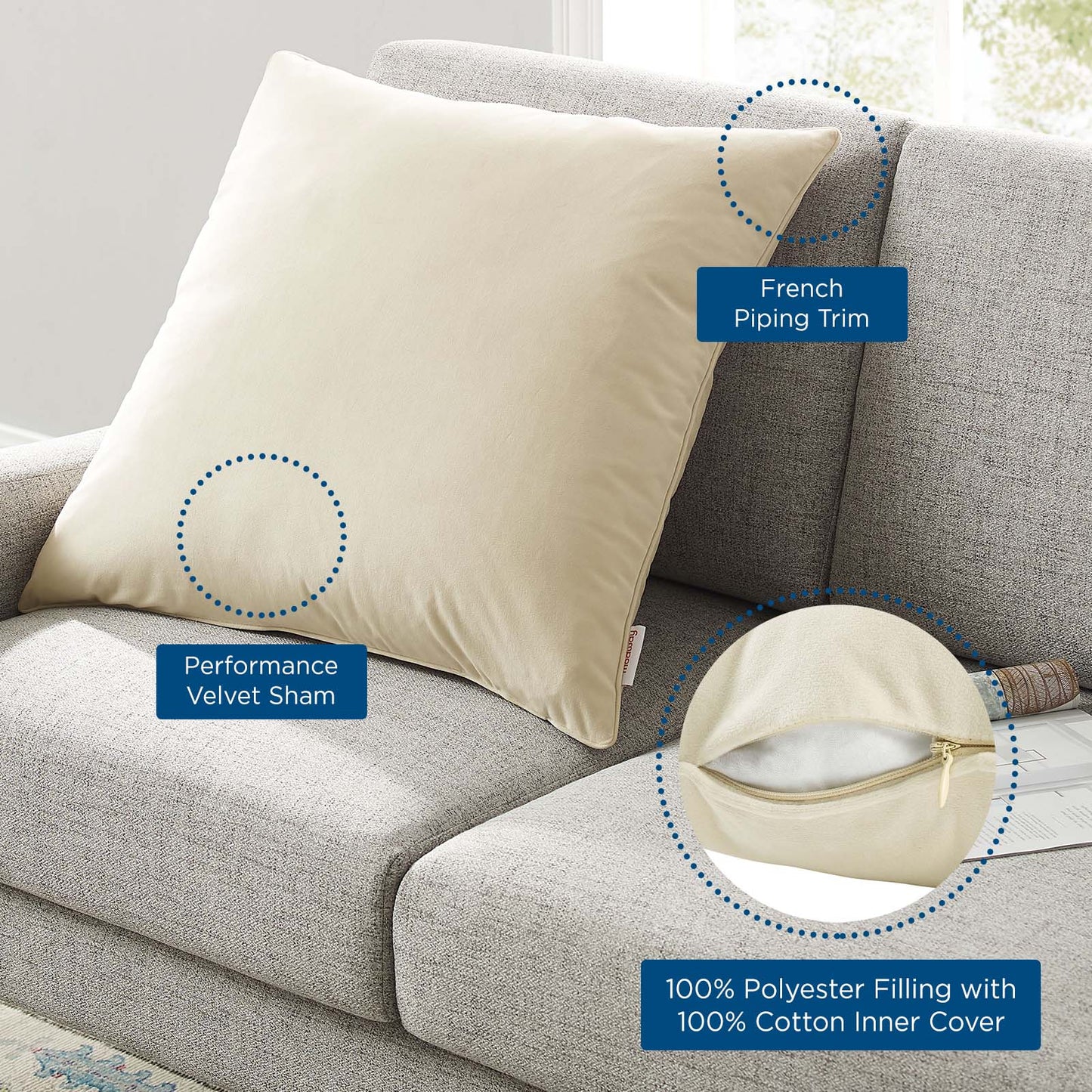Enhance 24" Performance Velvet Throw Pillow, Velvet, Ivory White, 20469