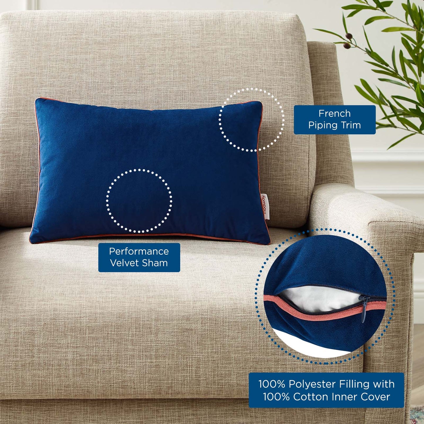Accentuate 18" Lumbar Performance Velvet Throw Pillow, Velvet, Blue Navy Pink, 20485