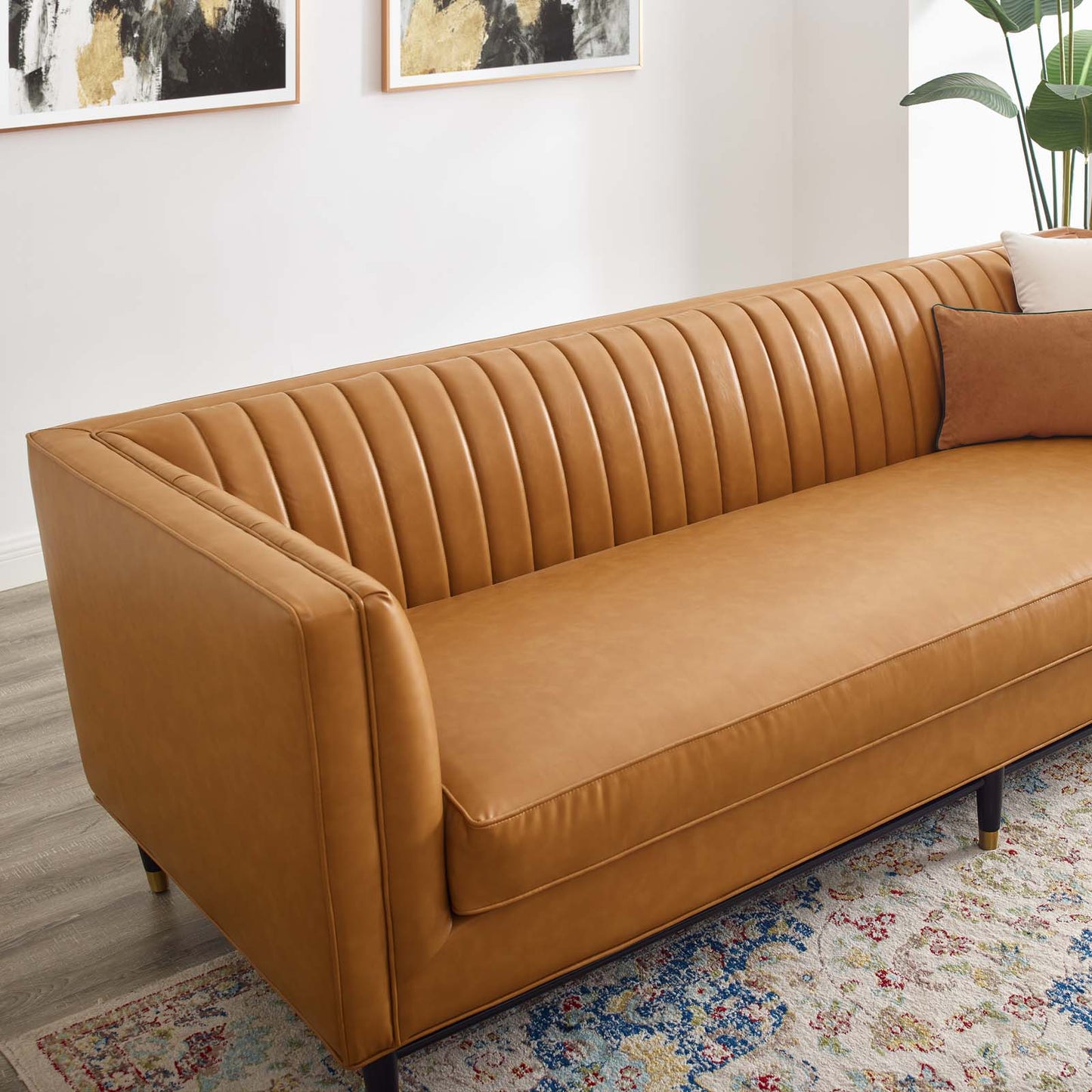 Devote Channel Tufted Vegan Leather Sofa, Faux Vegan Leather, Tan, 20516