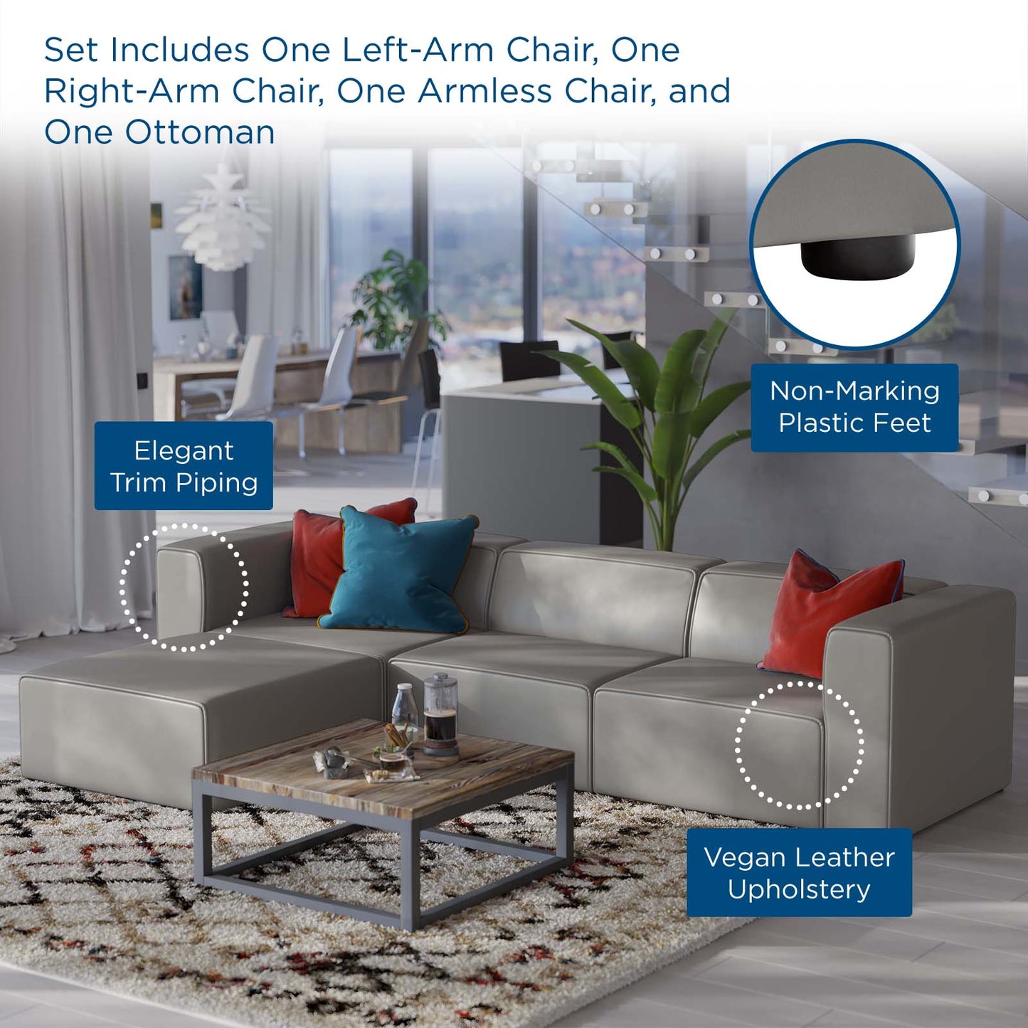 Mingle Vegan Leather Sofa and Ottoman Set, Faux Vegan Leather, Grey Gray, 20532