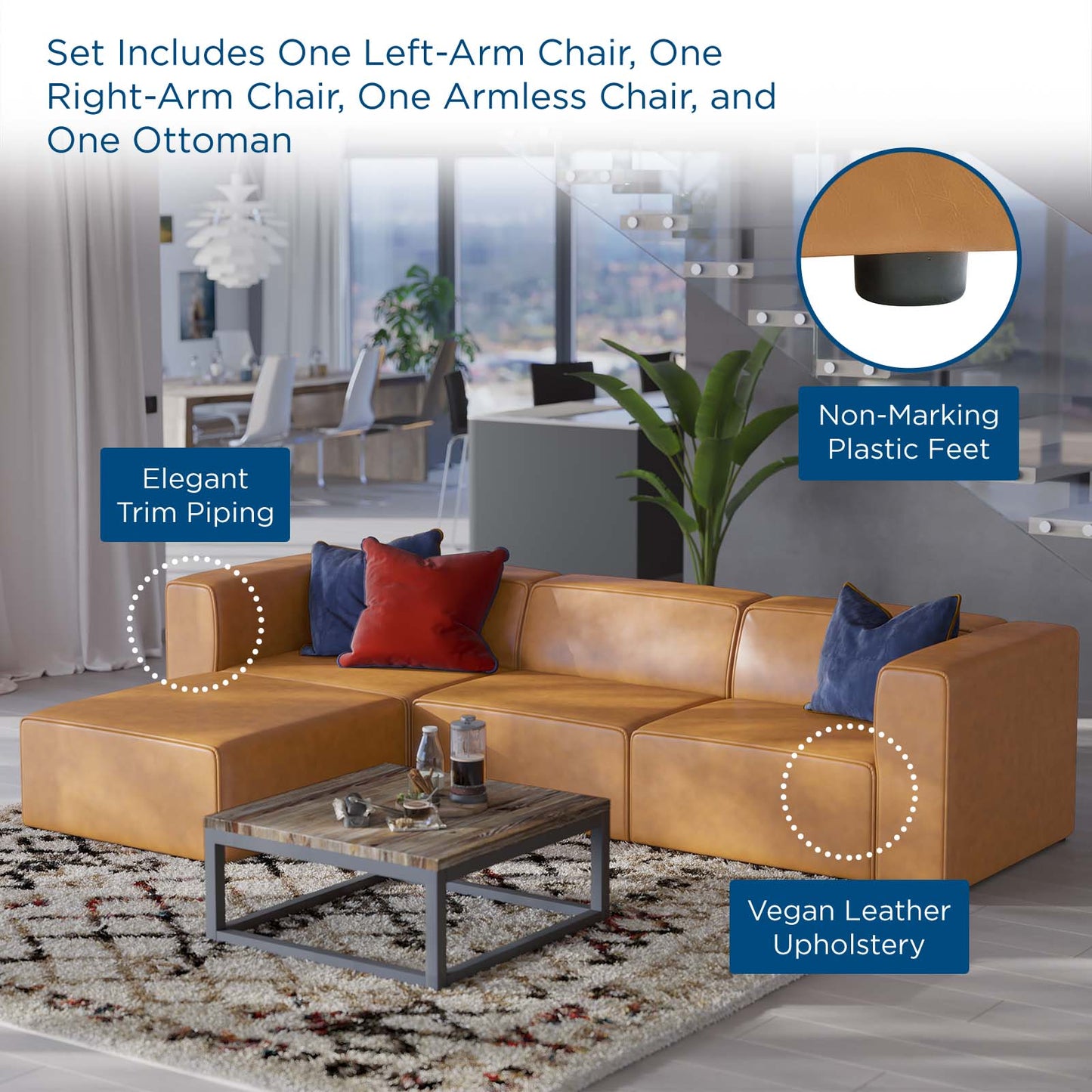 Mingle Vegan Leather Sofa and Ottoman Set, Faux Vegan Leather, Tan, 20533