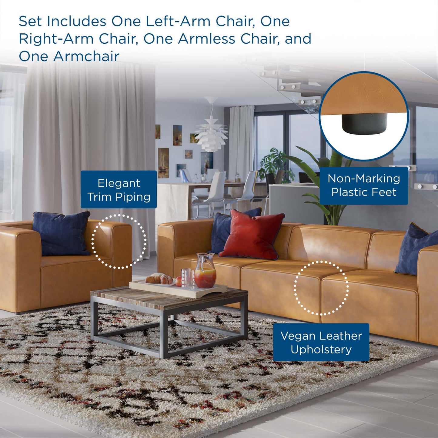 Mingle Vegan Leather Sofa and Armchair Set, Faux Vegan Leather, Tan, 20536