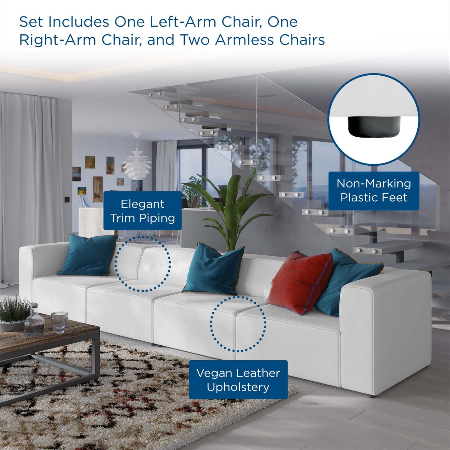 Mingle Vegan Leather 4-Piece Sectional Sofa, Faux Vegan Leather, White, 20540