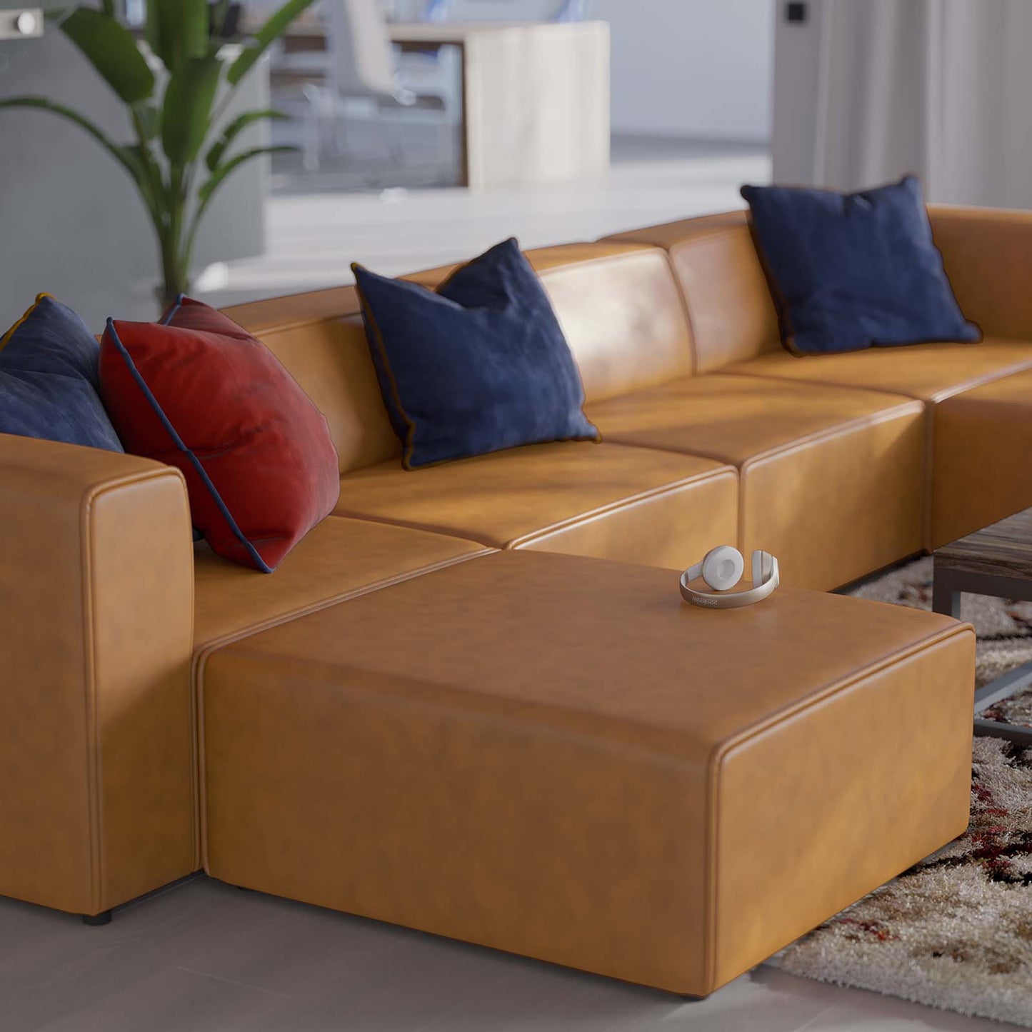 Mingle Vegan Leather 4-Piece Sofa and 2 Ottomans Set, Faux Vegan Leather, Tan, 20542