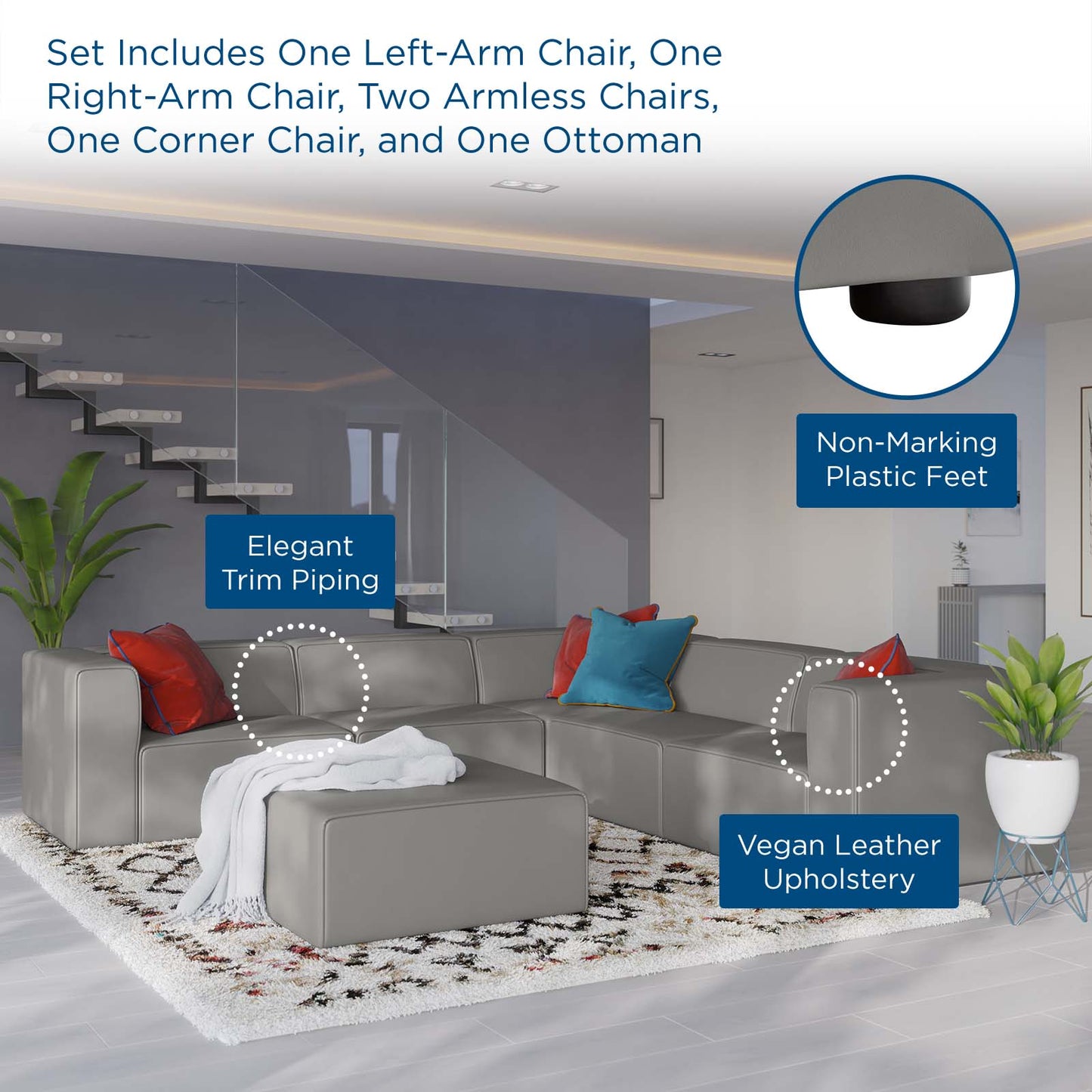 Mingle Vegan Leather 7-Piece Furniture Set, Faux Vegan Leather, Grey Gray, 20547