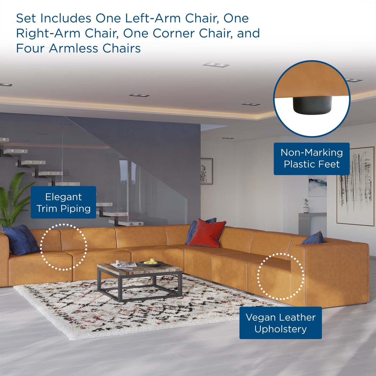 Mingle Vegan Leather 7-Piece Sectional Sofa, Faux Vegan Leather, Tan, 20554
