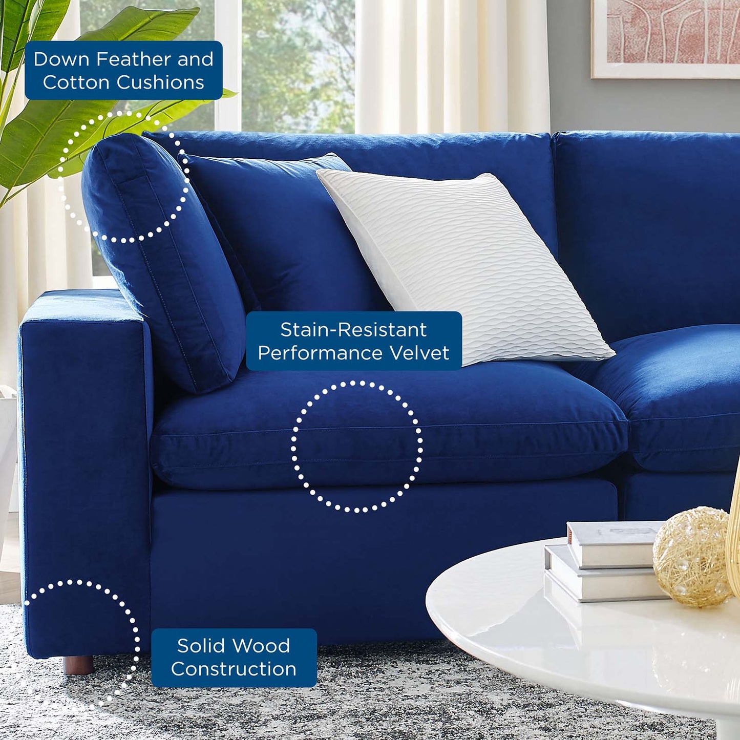 Commix Down Filled Overstuffed Performance Velvet 4-Piece Sectional Sofa, Velvet, Blue Navy, 20578