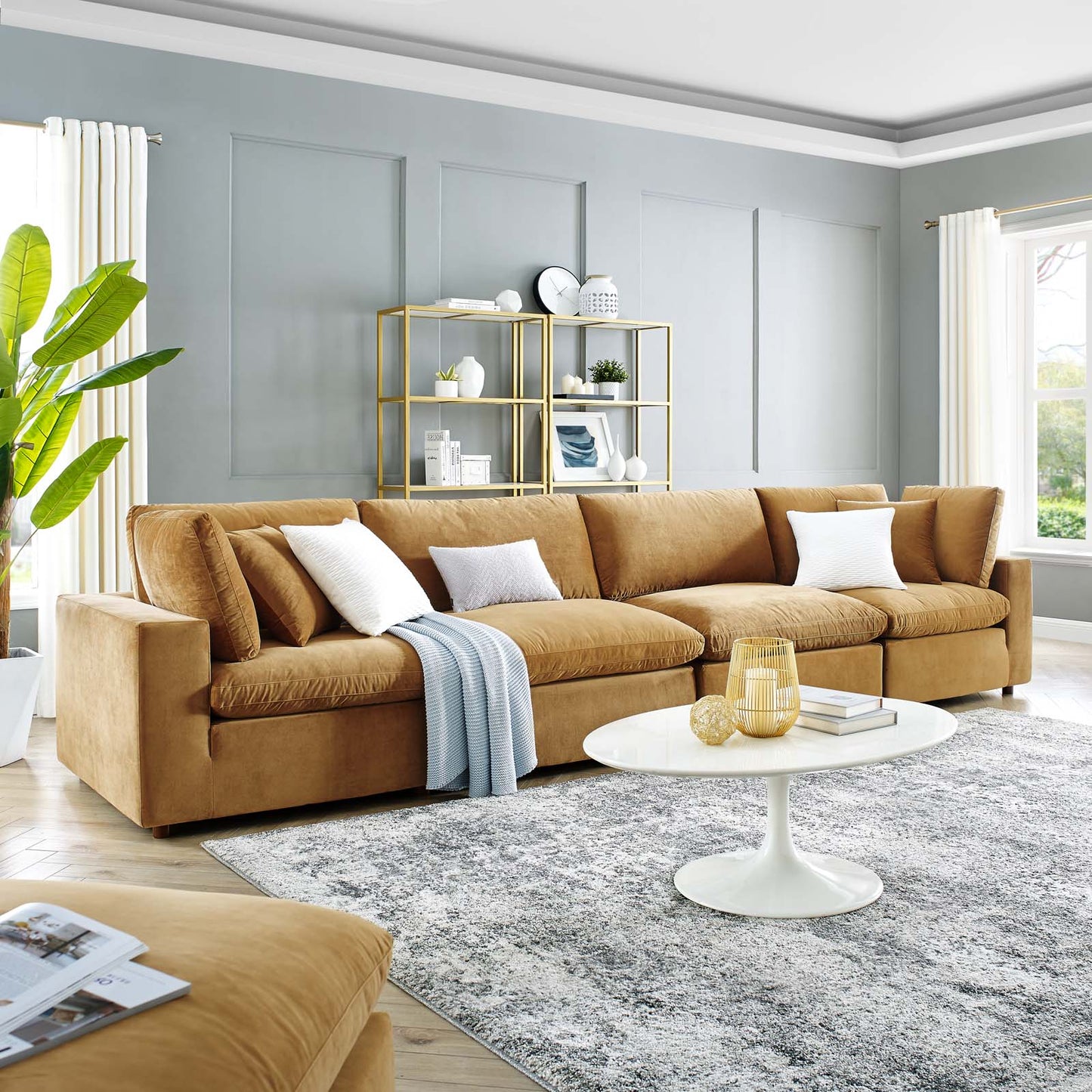 Commix Down Filled Overstuffed Performance Velvet 4-Seater Sofa, Velvet, Brown, 20580