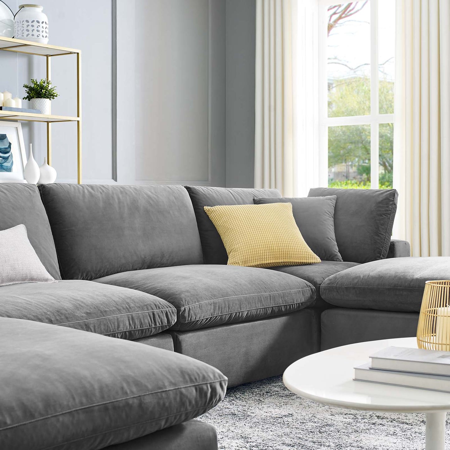 Commix Down Filled Overstuffed Performance Velvet 6-Piece Sectional Sofa, Velvet, Grey Gray, 20597