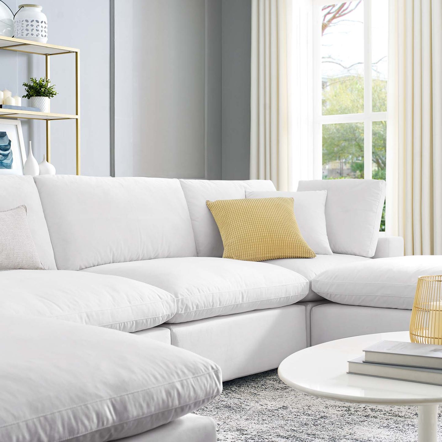 Commix Down Filled Overstuffed Performance Velvet 6-Piece Sectional Sofa, Velvet, White, 20600