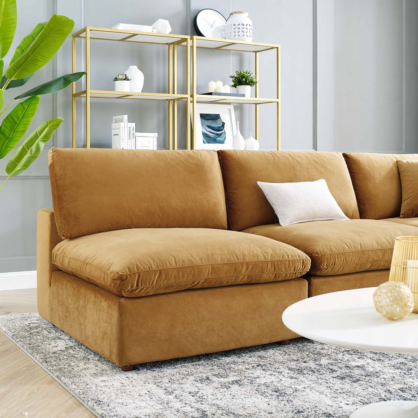 Commix Down Filled Overstuffed Performance Velvet 5-Piece Sectional Sofa, Velvet, Brown, 20601