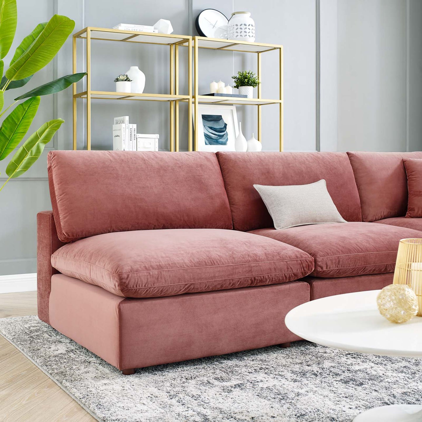 Commix Down Filled Overstuffed Performance Velvet 5-Piece Sectional Sofa, Velvet, Pink, 20602