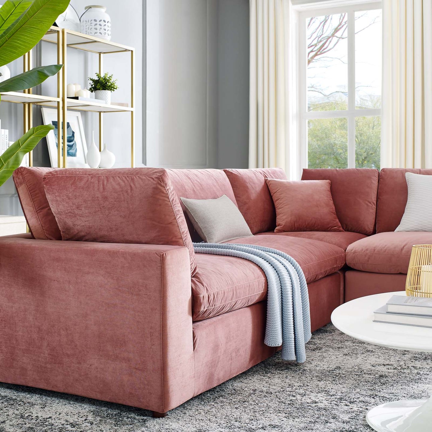Commix Down Filled Overstuffed Performance Velvet 5-Piece Sectional Sofa, Velvet, Pink, 20609